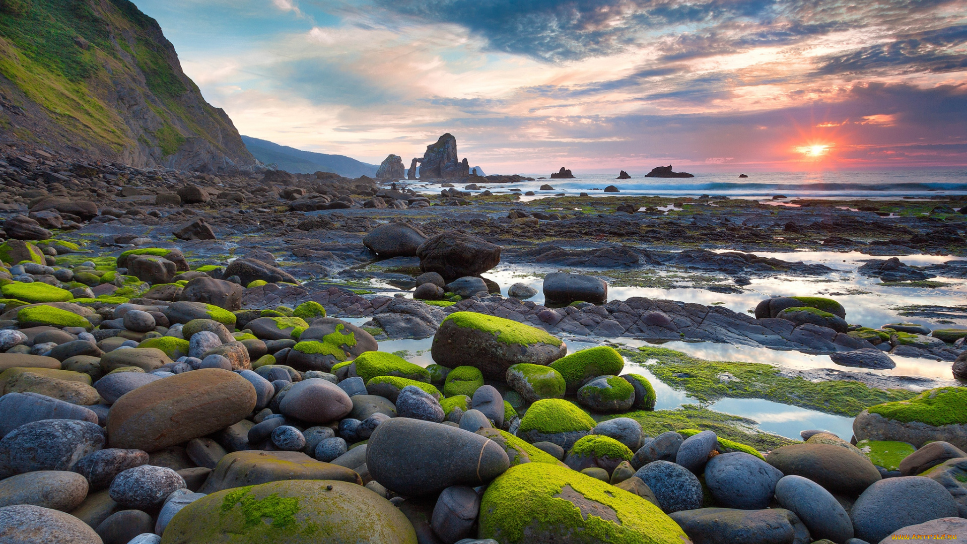 природа, побережье, камни, закат, мох