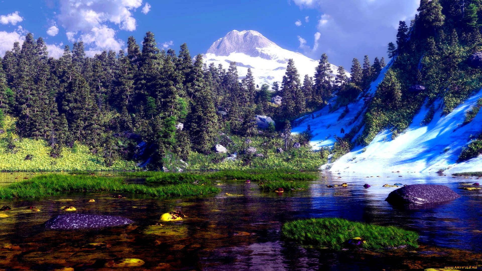 природа, реки, озера, трава, хвойный, лес, речка, снега, горы, утро