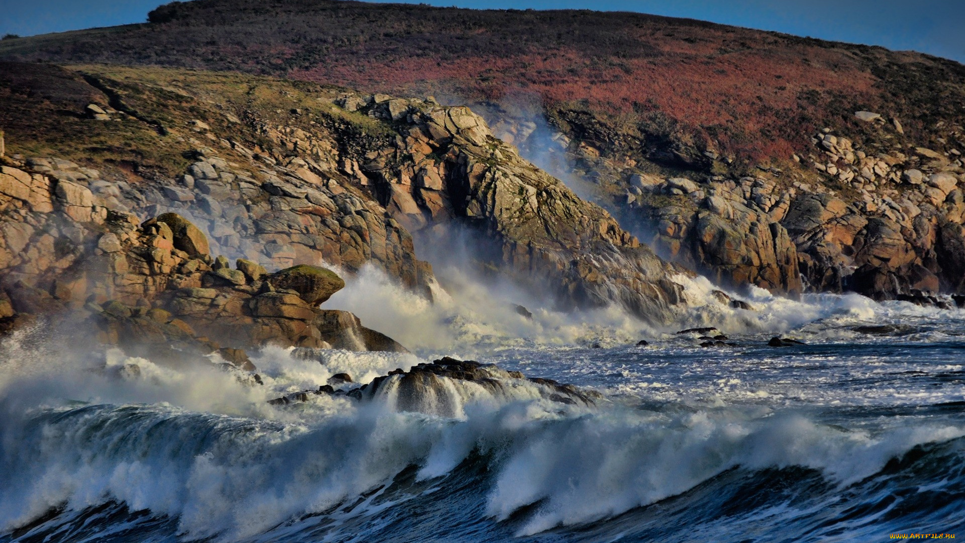 природа, стихия, брызги, прибой, волны, океан, берег, скальный, пена