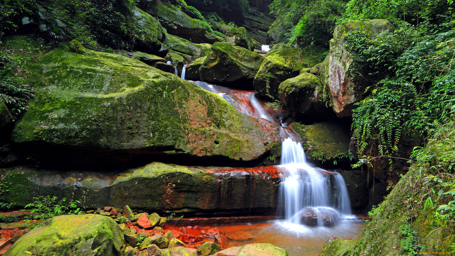 природа, водопады, камни, мох, зелень, ручей