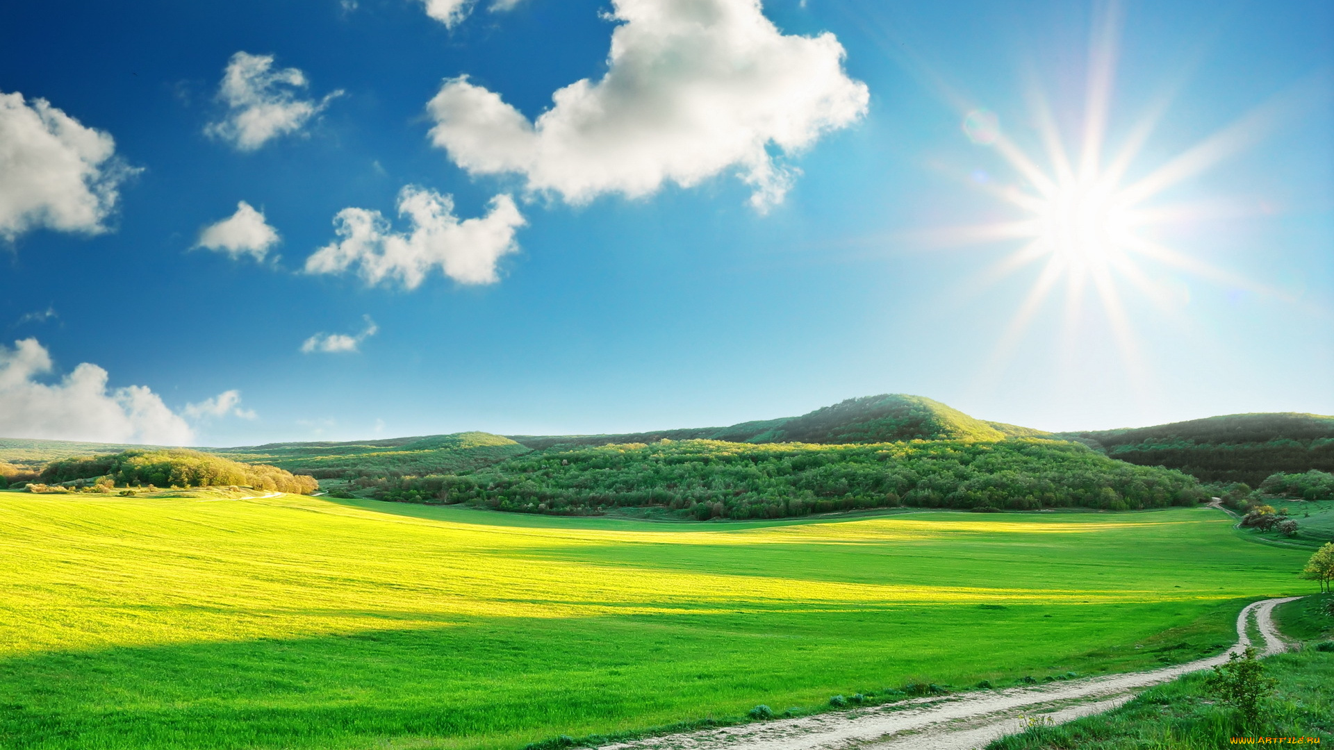 природа, восходы, закаты, дорога, небо, солнце, трава, горы