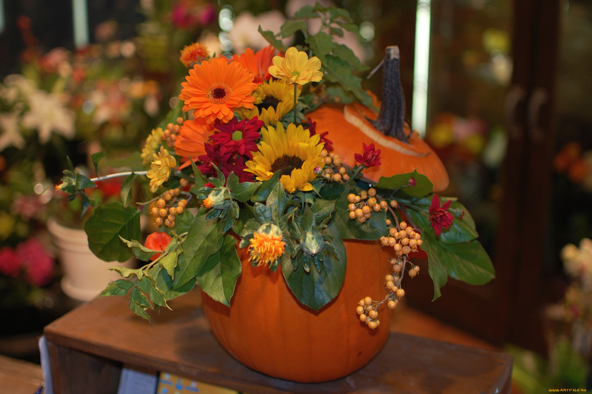 цветы, букеты, композиции, тыква, розы, герберы, подсолнух