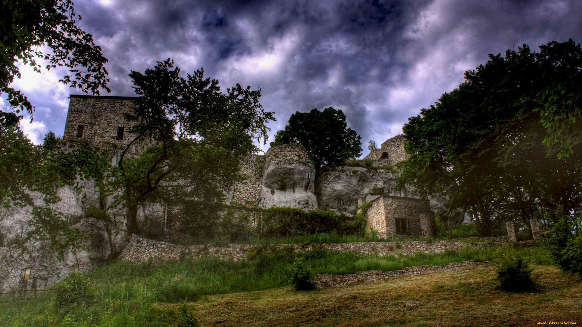 castle, b&, 261, kowiec, города, исторические, архитектурные, памятники, парк, тучи, замок