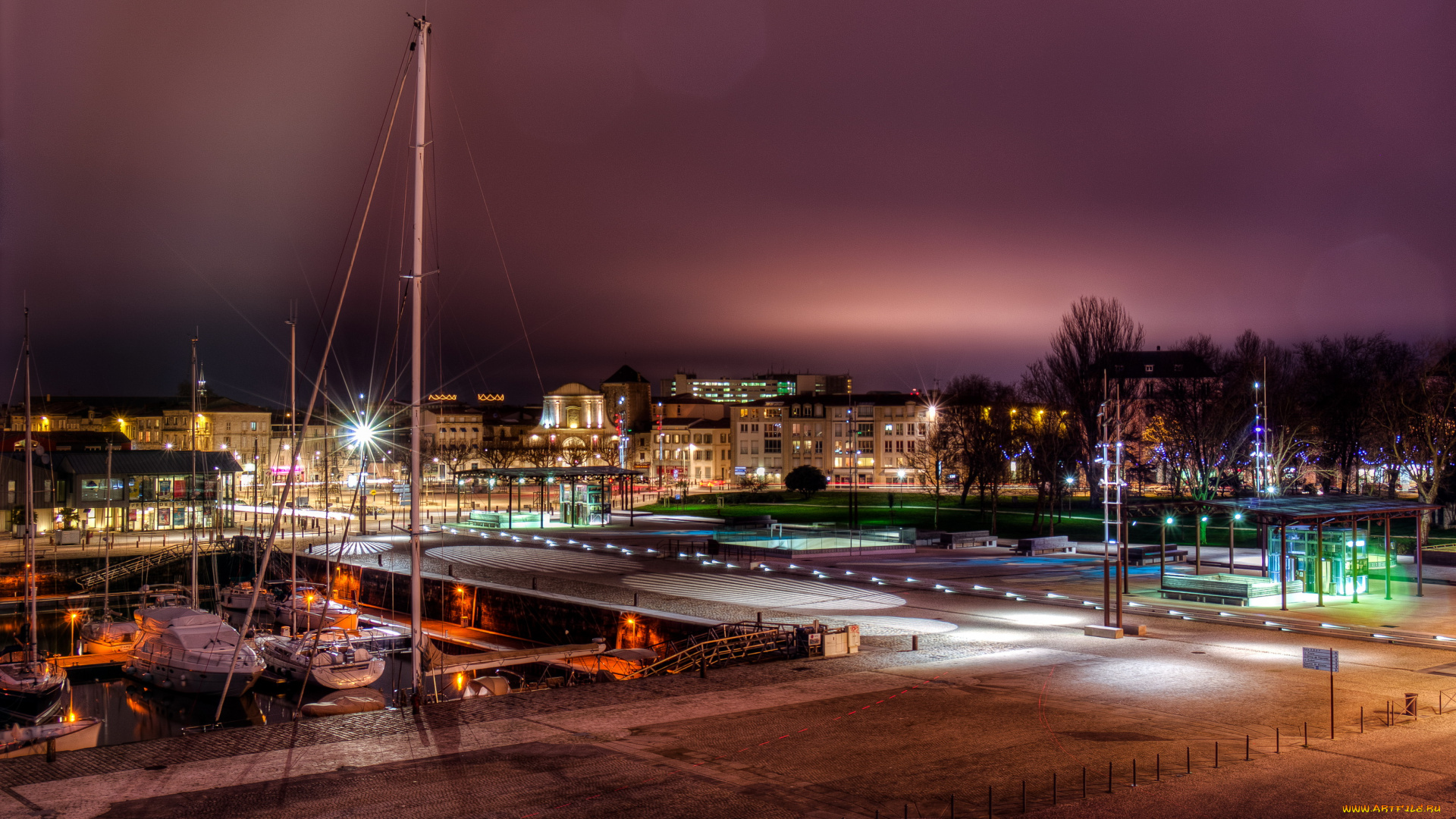 la, rochelle, франция, города, огни, ночного, река, мост, парусники, дома, ночь