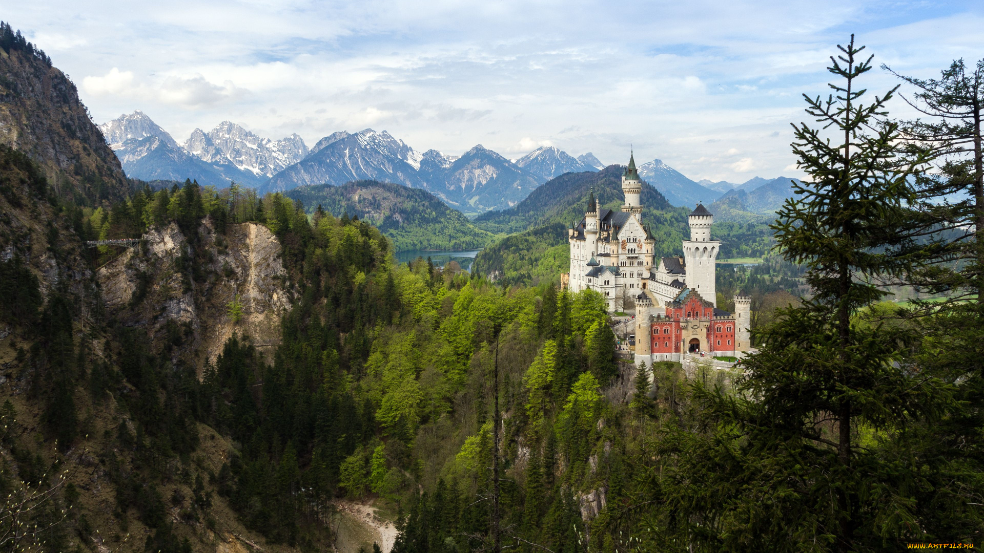 neuschwanstein, castle, bavaria, germany, города, замок, нойшванштайн, германия, лес, горы, пейзаж, деревья, бавария