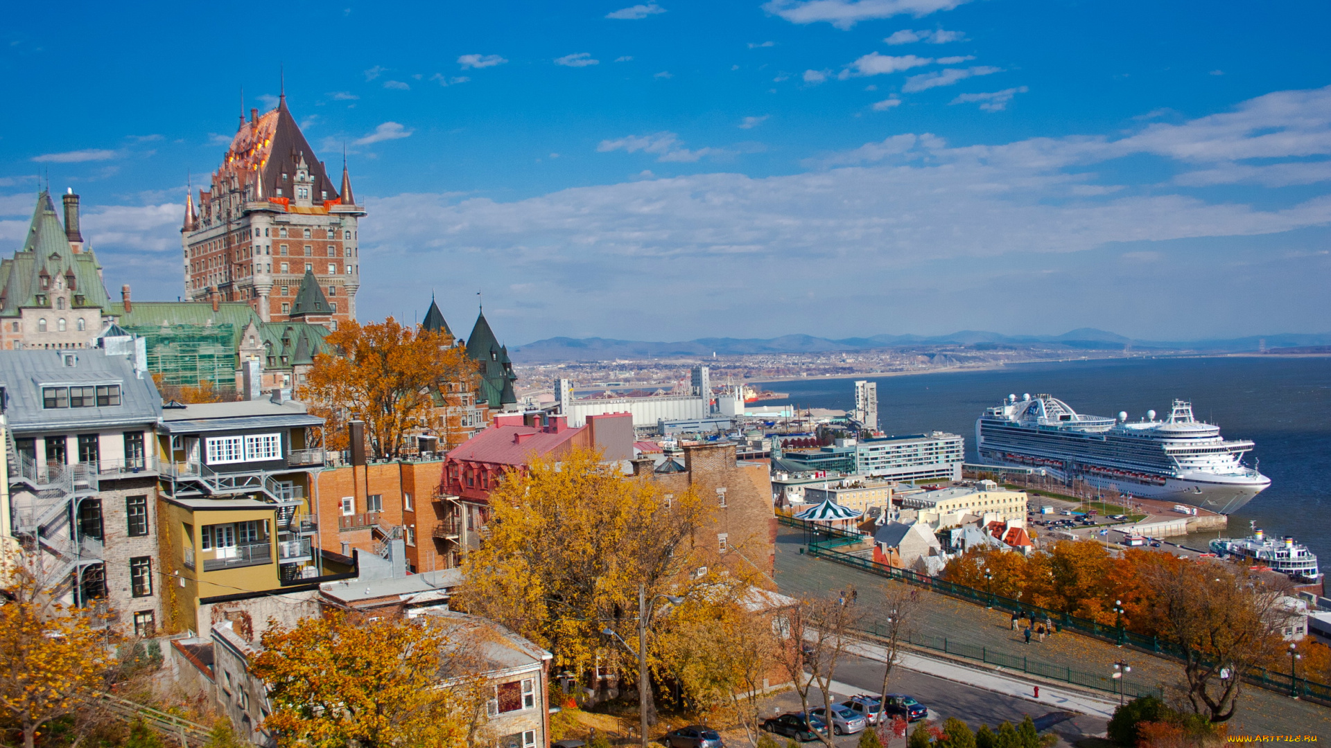 quebec, канада, города, панорамы, корабль, море, дома, квебек