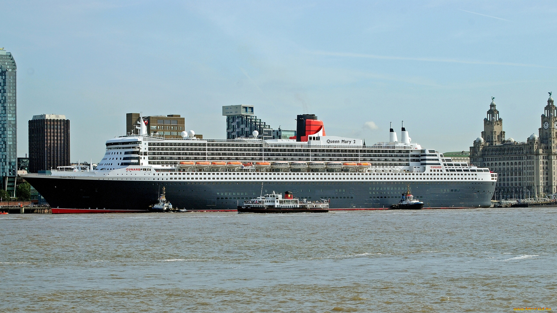 queen, mary, корабли, разные, вместе, теплоход, ливерпуль, англия, порт, буксиры, england, liverpool, 2, лайнер
