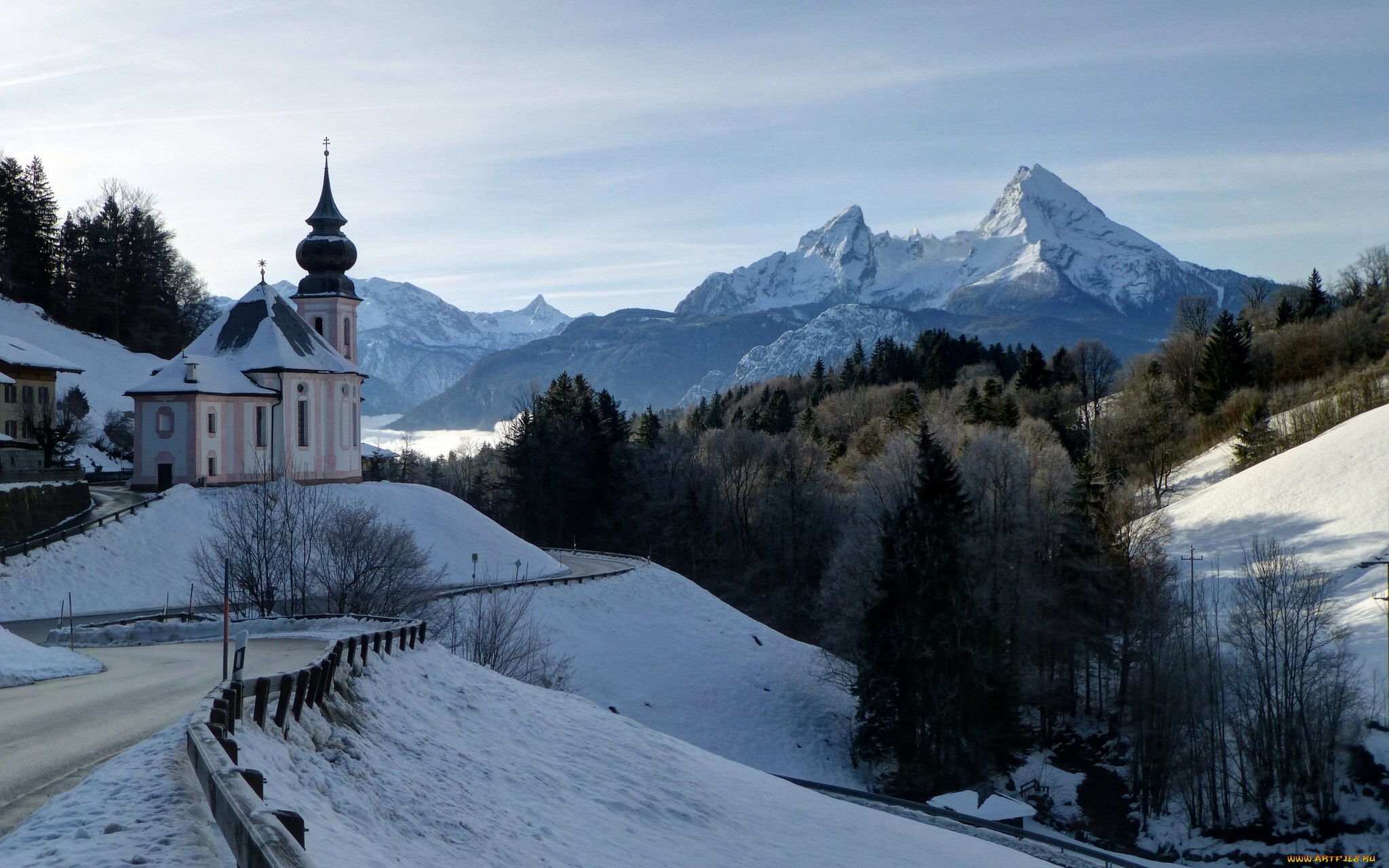 maria, gern, church, berchtesgaden, germany, города, католические, соборы, костелы, аббатства, bavaria, bavarian, alps, mount, watzmann, церковь, мария, герн, берхтесгаден, бавария, германия, баварские, альпы, гора, вацманн, горы, зима, дорога, лес, пейзаж