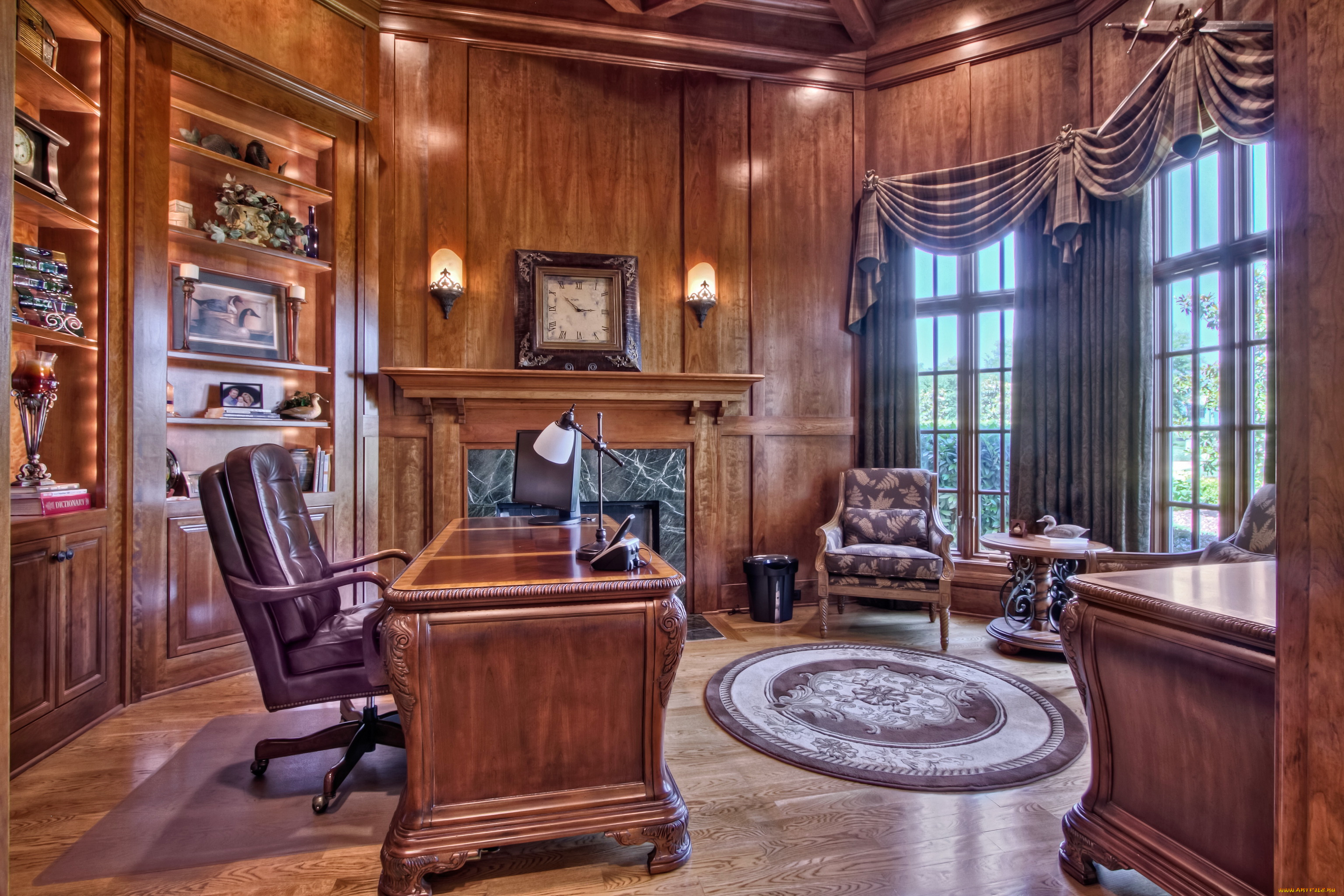 интерьер, кабинет, библиотека, офис, стол, шкаф, лампа