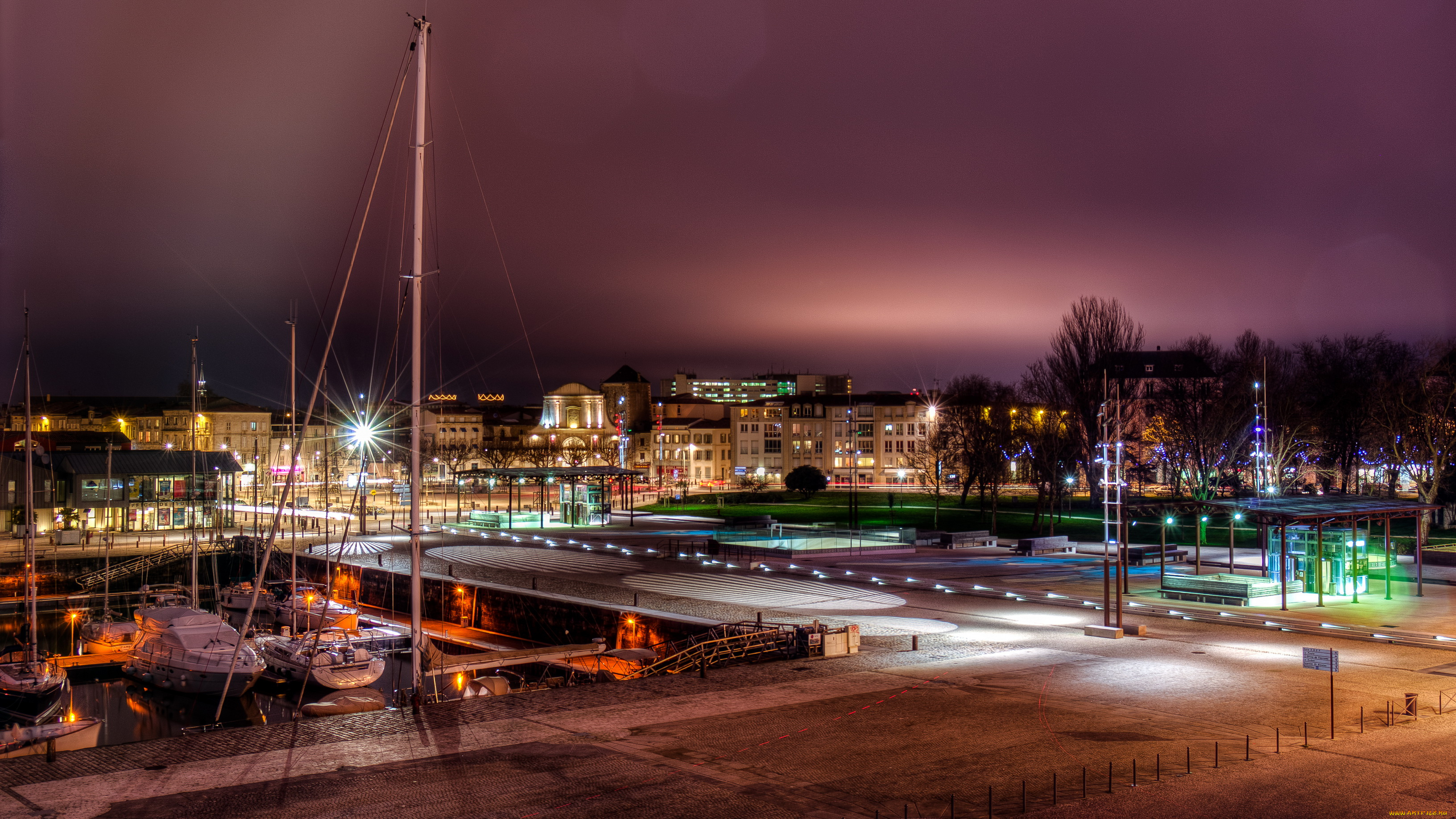 la, rochelle, франция, города, огни, ночного, река, мост, парусники, дома, ночь