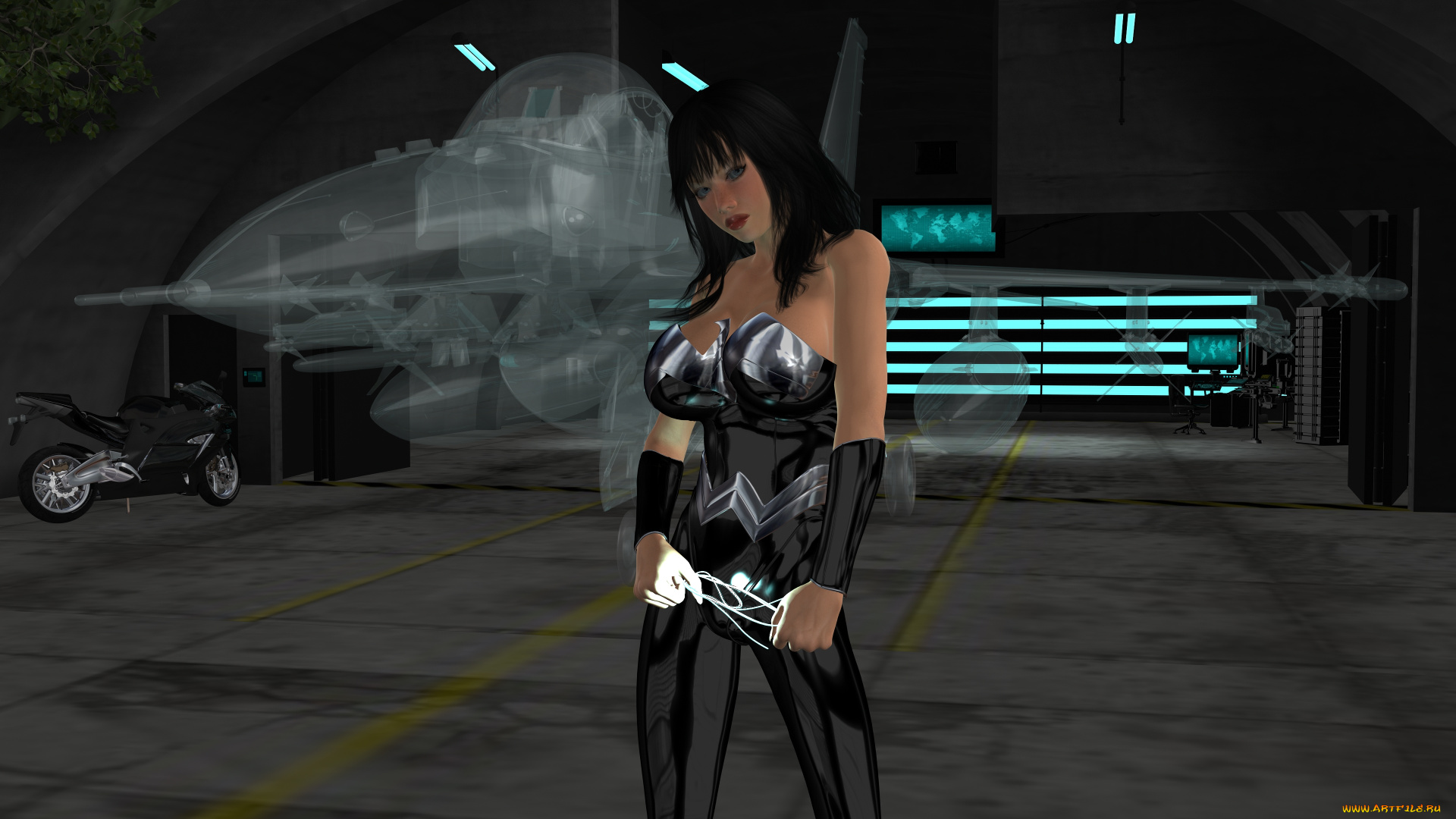 3д, графика, люди, , people, мотоцикл, самолет, взгляд, девушка