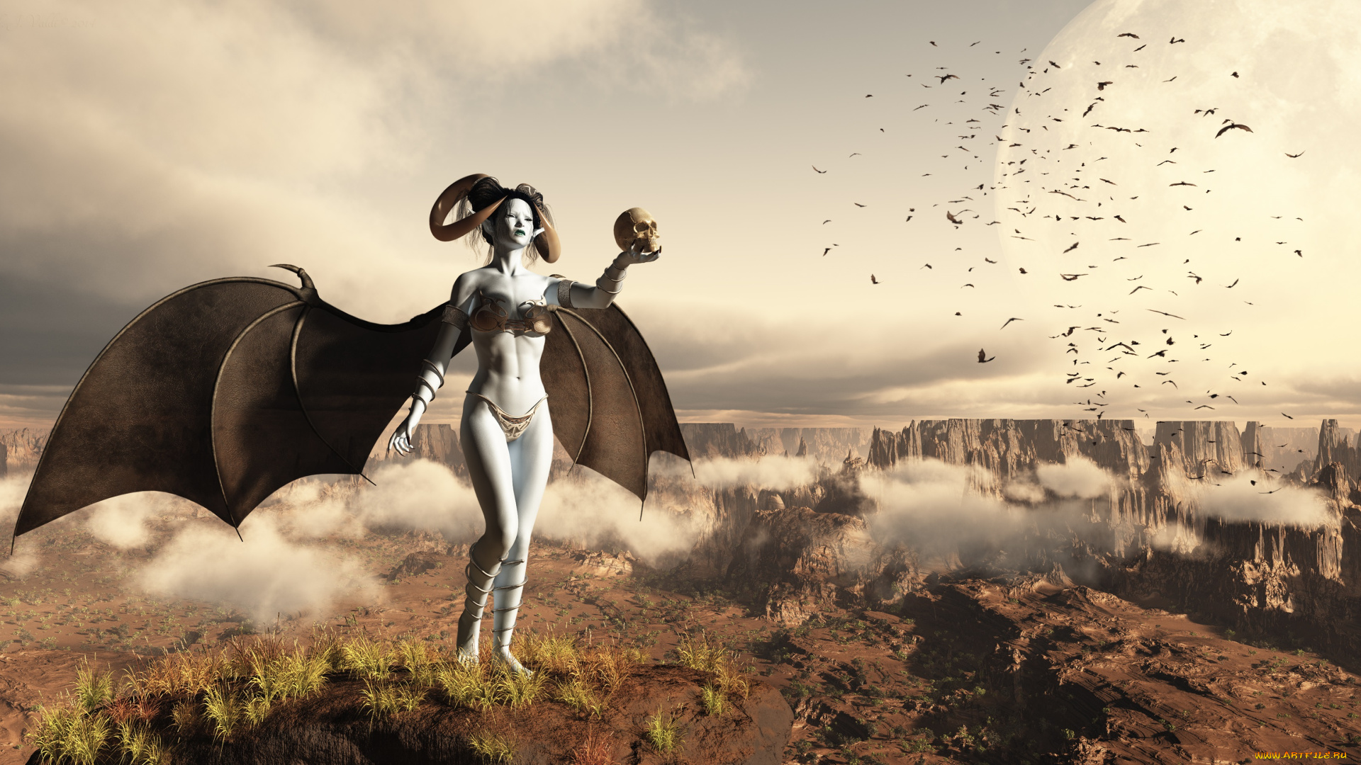 3д, графика, существа, , creatures, крылья, череп, кастаника