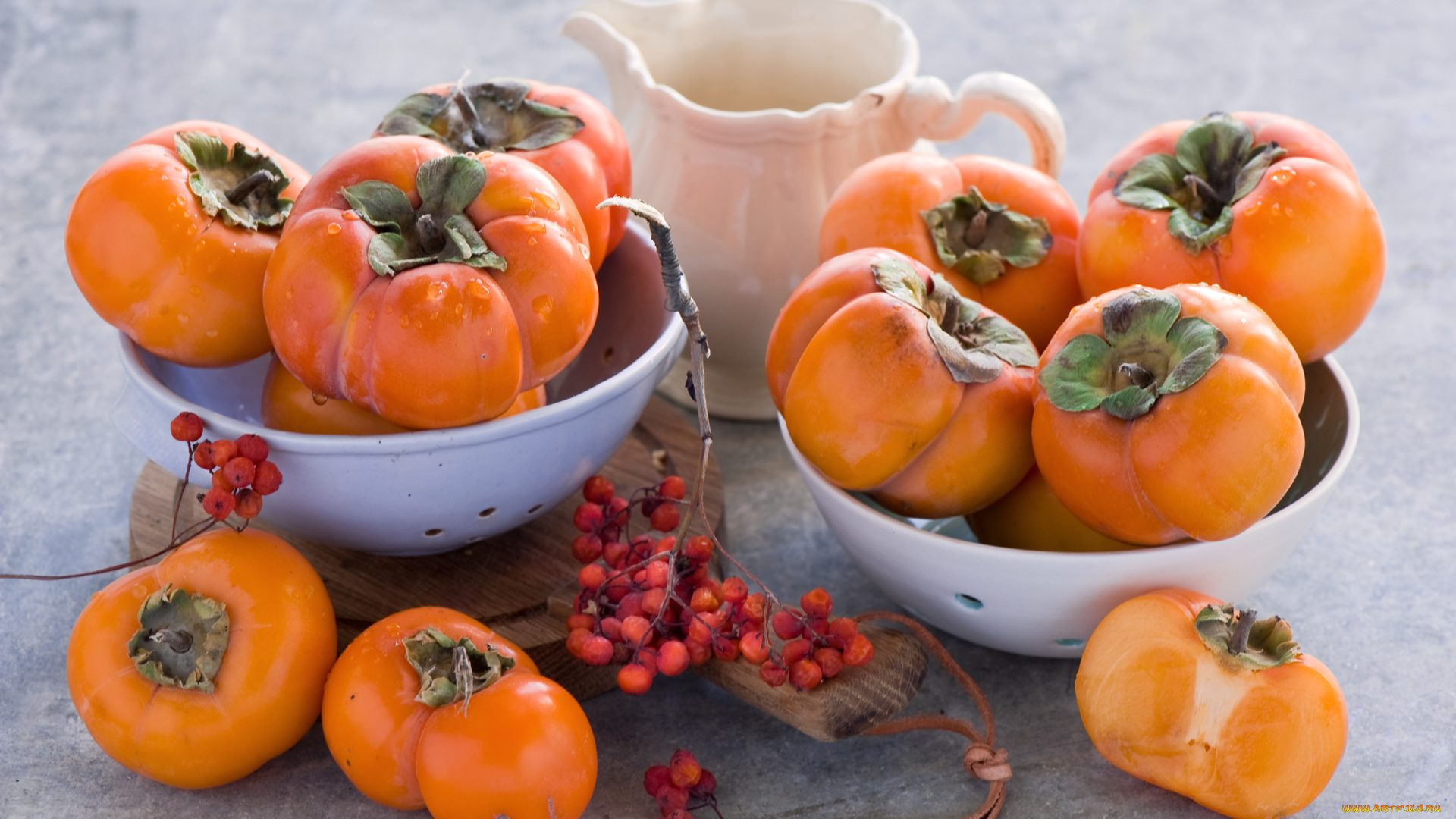 еда, хурма, кувшин, натюрморт, доска, посуда, оранжевые, ягоды