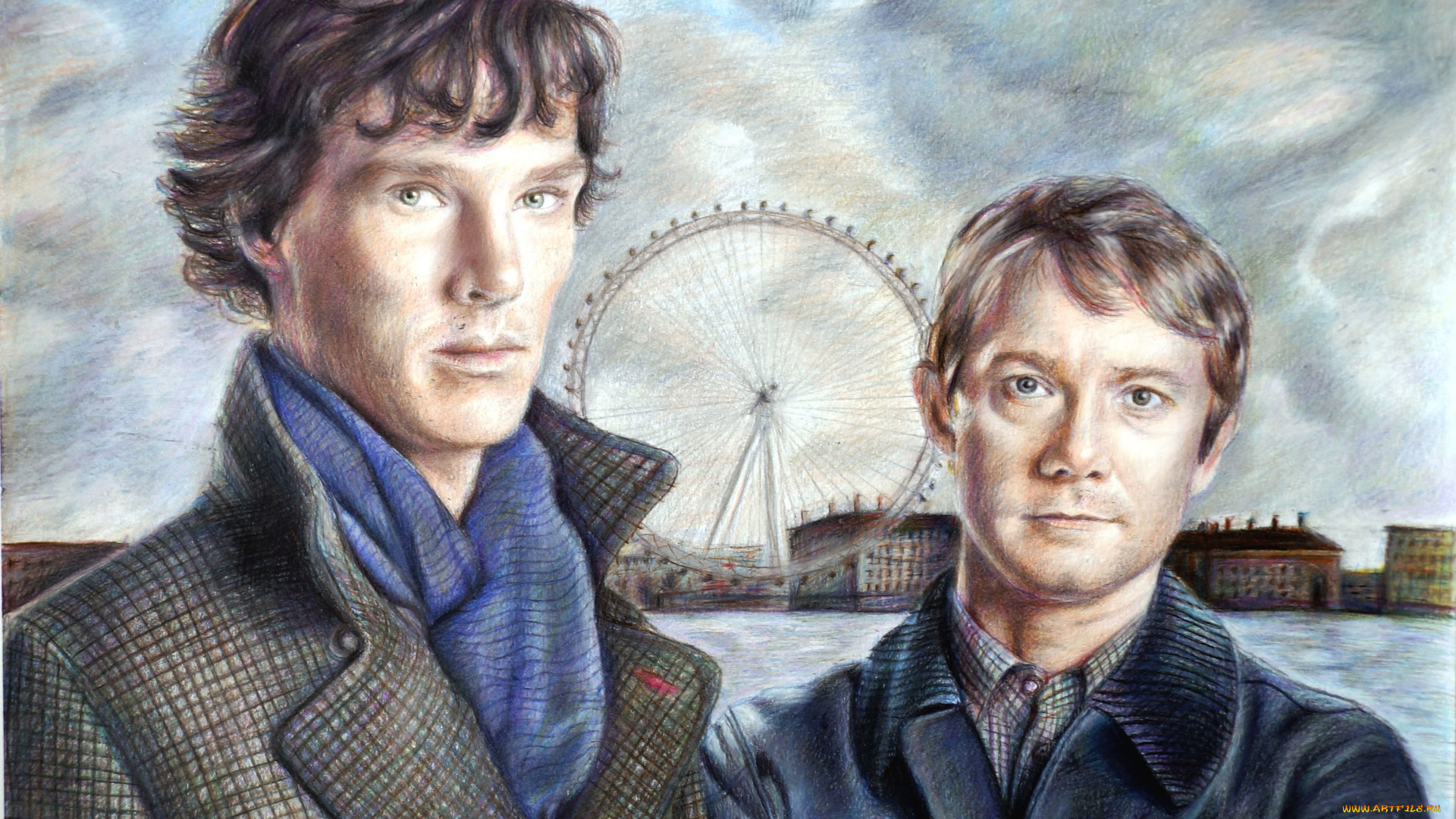 рисованное, кино, john, watson, sherlock, holmes, сериал, арт, bbc, benedict, cumberbatch, martin, freeman