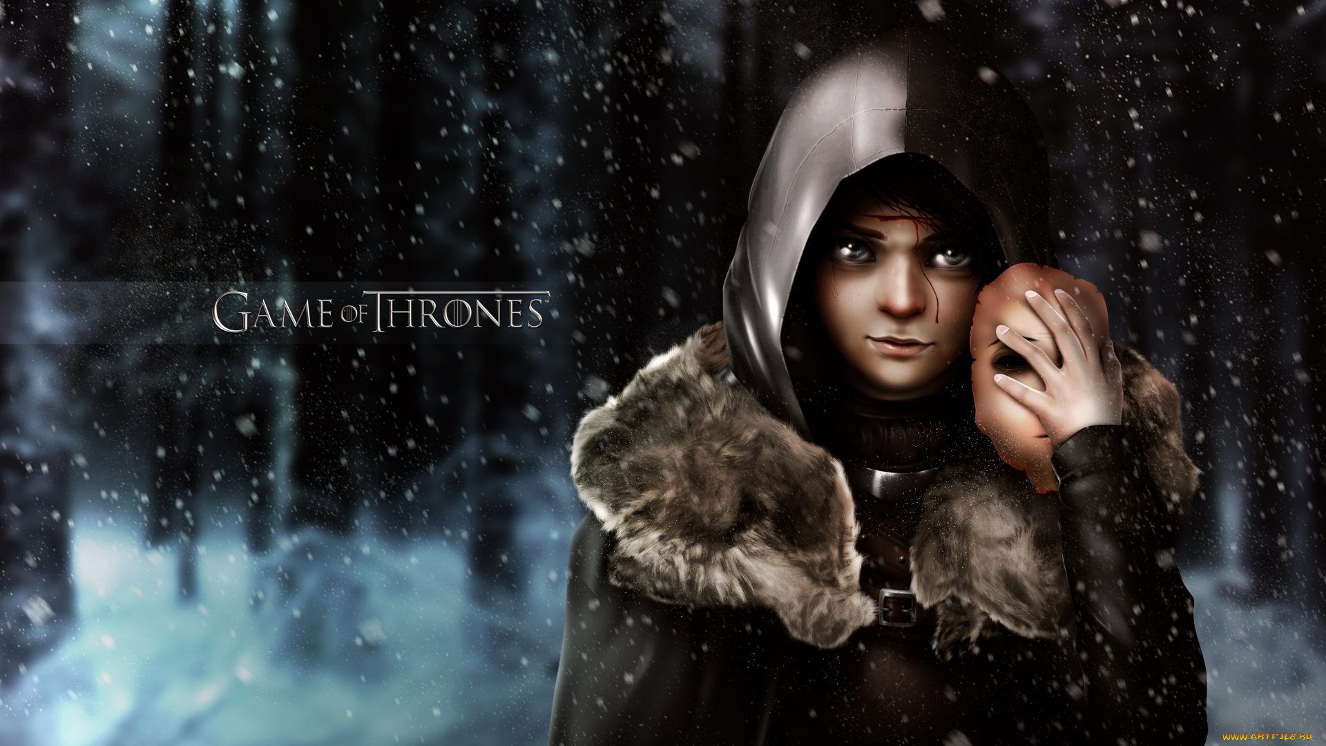 рисованное, кино, лес, престолов, арья, старк, зима, of, game, игра, thrones