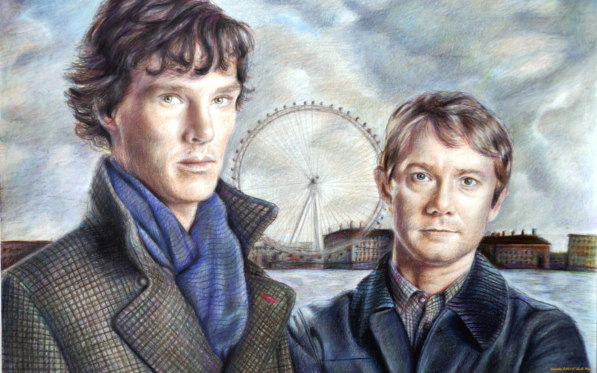 рисованное, кино, john, watson, sherlock, holmes, сериал, арт, bbc, benedict, cumberbatch, martin, freeman
