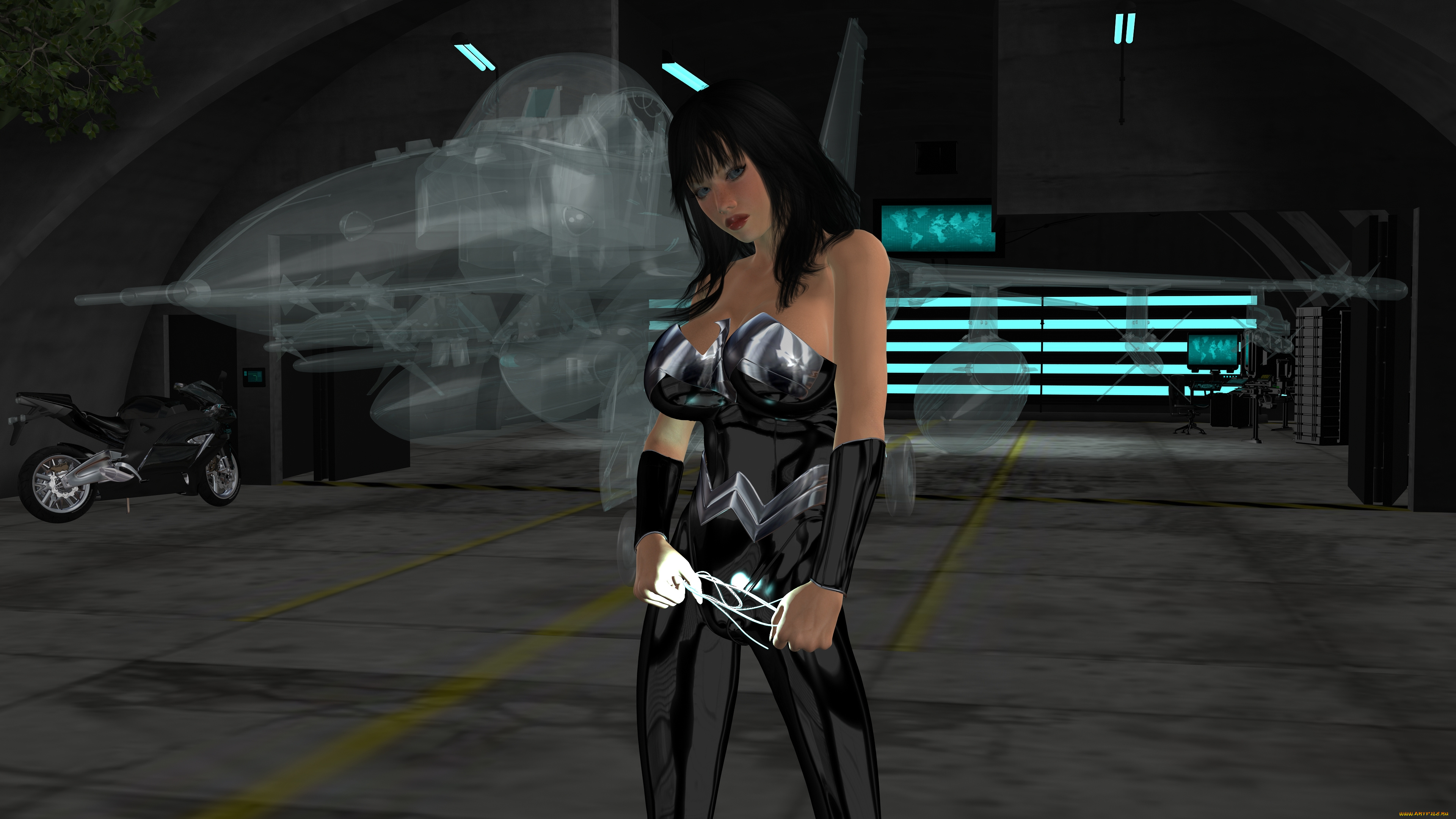 3д, графика, люди, , people, мотоцикл, самолет, взгляд, девушка