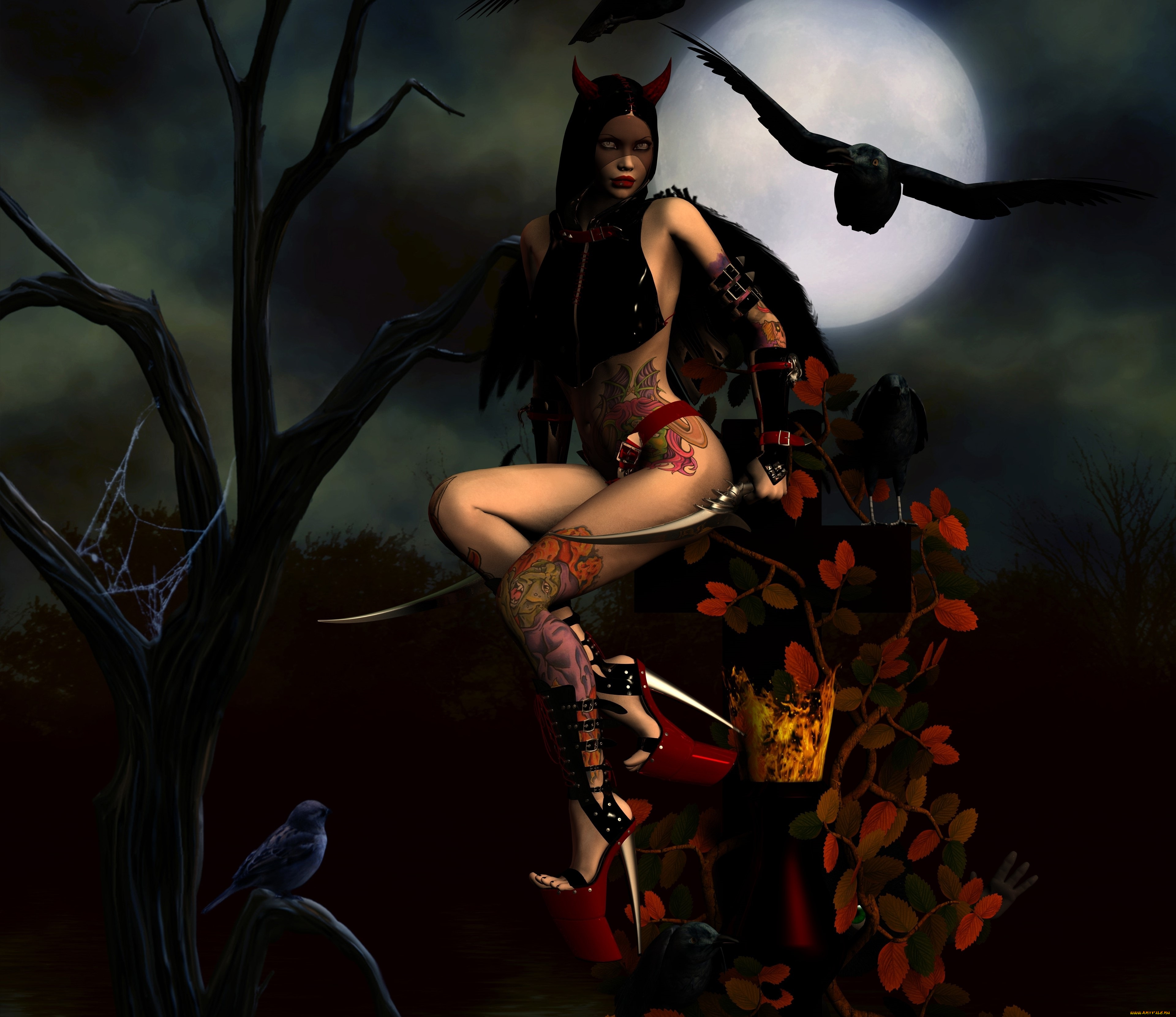 3д, графика, фантазия, , fantasy, взгляд, луна, птичка, дерево, сова, кастаника