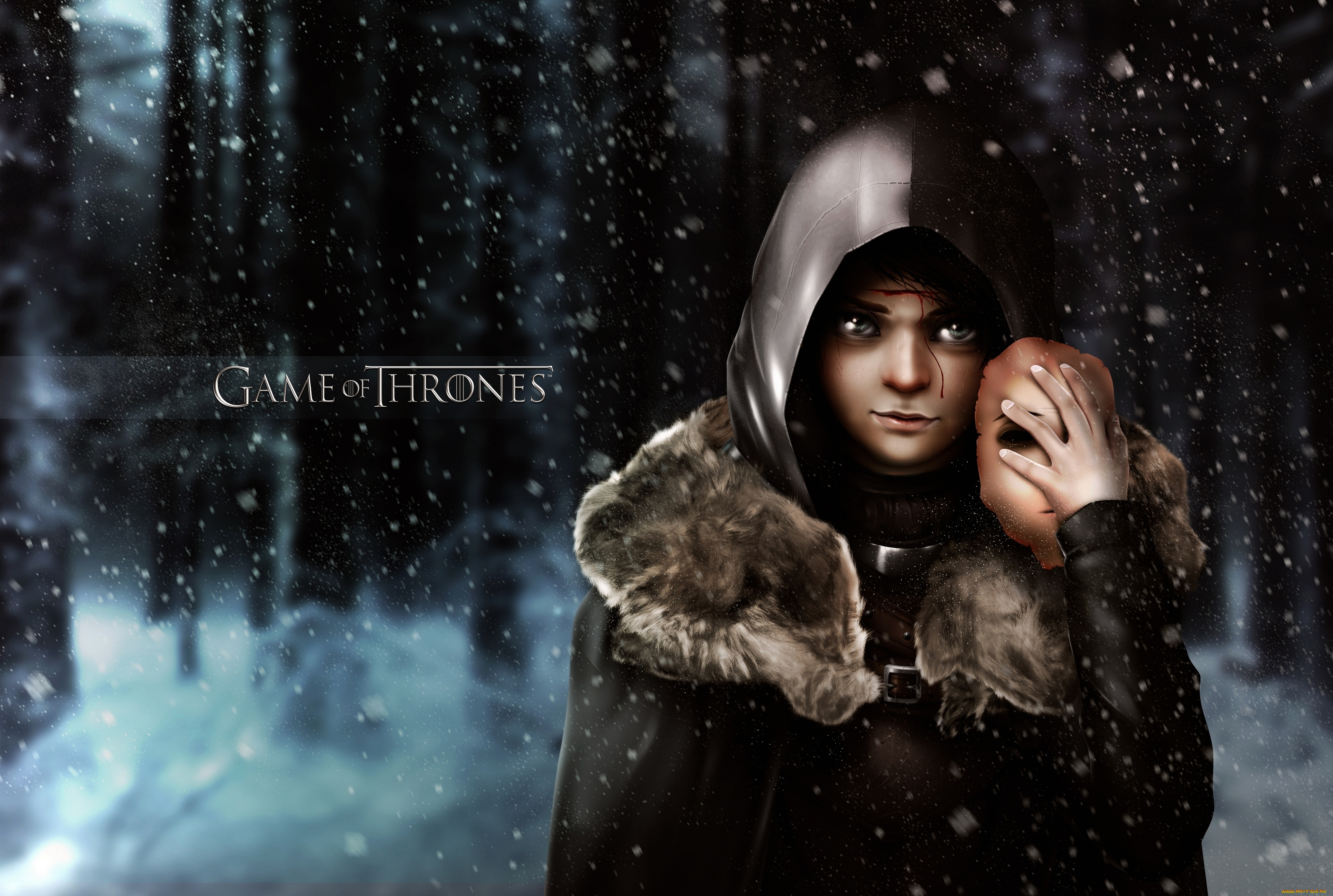 рисованное, кино, лес, престолов, арья, старк, зима, of, game, игра, thrones