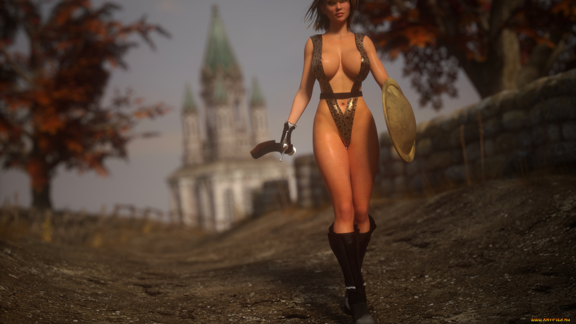 3д, графика, амазонки, , amazon, девушка, щит, меч, амазонка, взгляд, фон