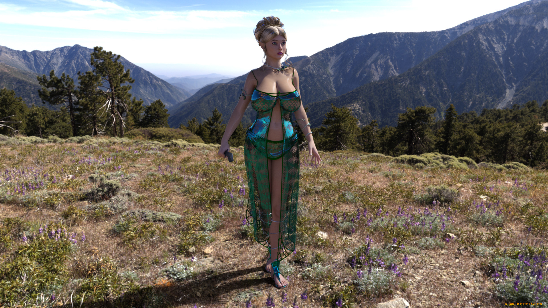 3д, графика, эльфы, , elves, горы, природа, эльф, взгляд, фон, девушка