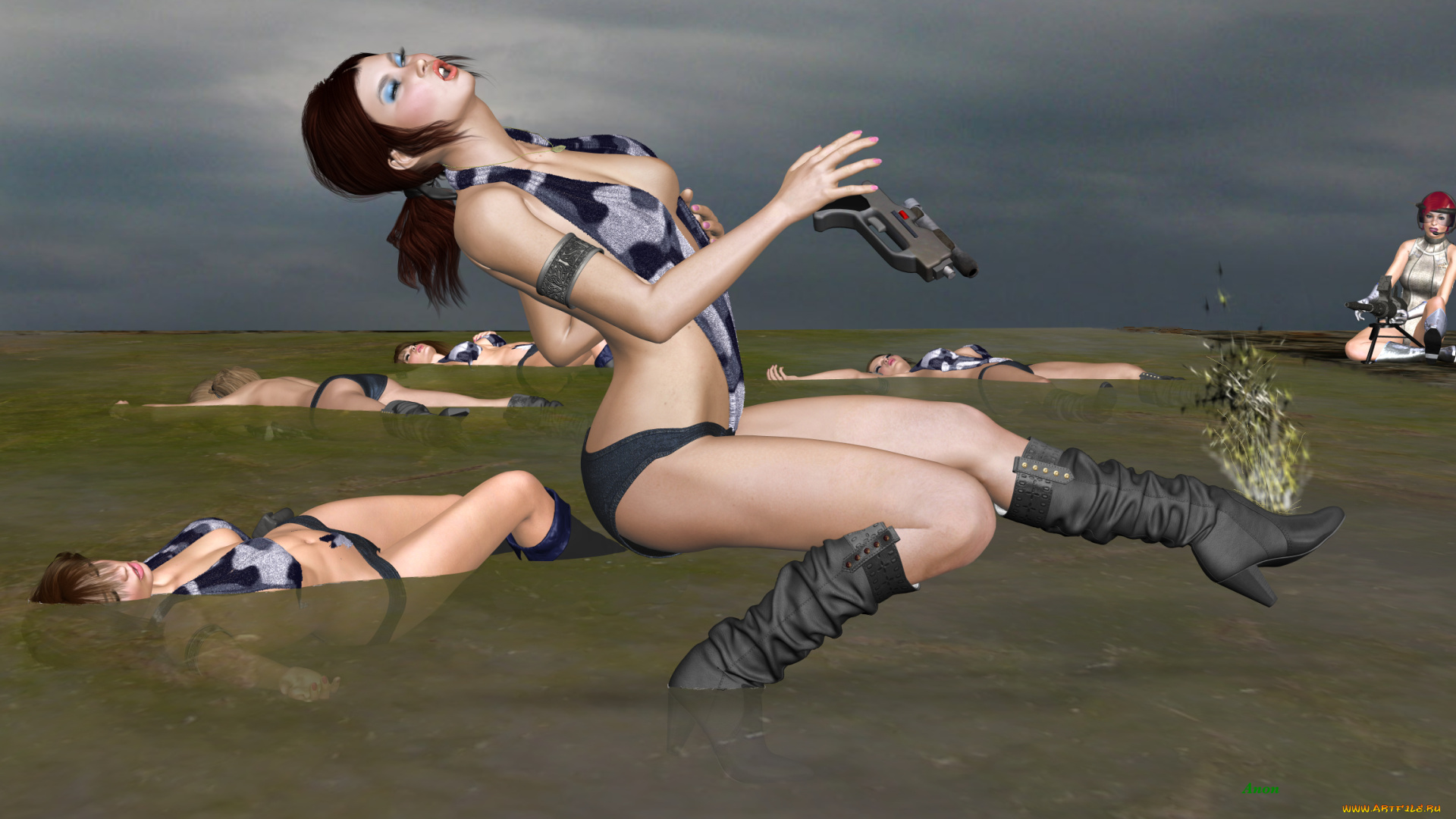 3д, графика, фантазия, , fantasy, взгляд, девушки, фон, кровь, оружие, батальон, сражение, бой