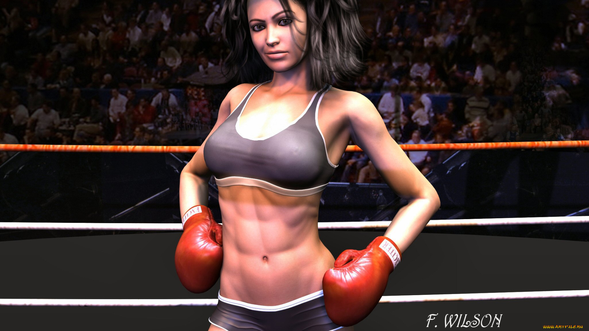 3д, графика, люди, , people, девушка, взгляд, фон, ринг, перчатки