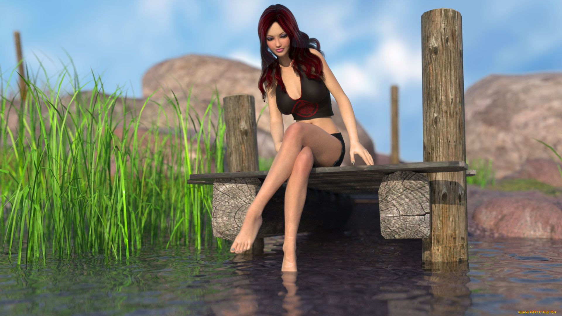 3д, графика, люди, , people, фон, взгляд, девушка, пруд