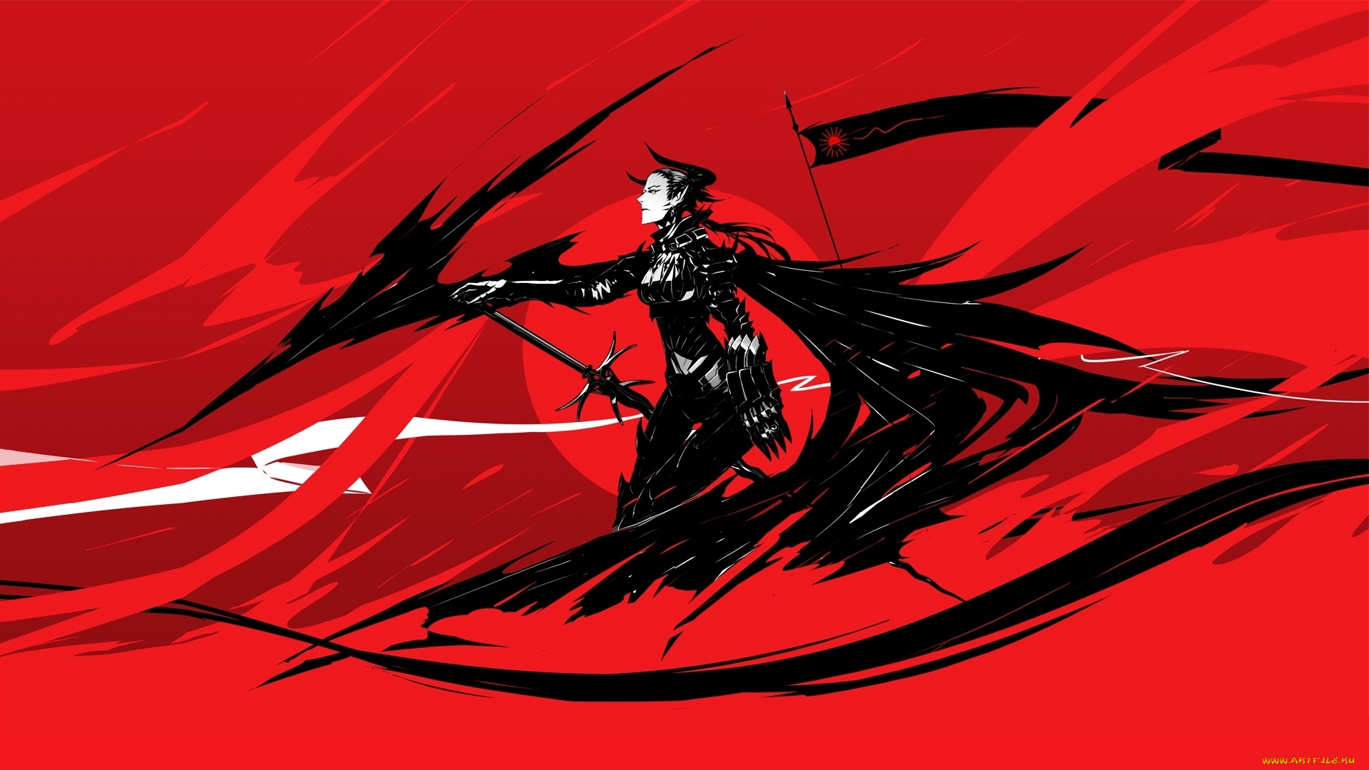 аниме, ангелы, , демоны, рисунок, banner, black, флаг, art, меч, flag, доспех, anime, накидка, плащ, cape, рога, horns, by, arsenixc, armor, черный, девушка, knight, рыцарь, demon, демон, cloak, стяг, знамя, арт, фэнтези, fantasy, girl, красный, red, sword