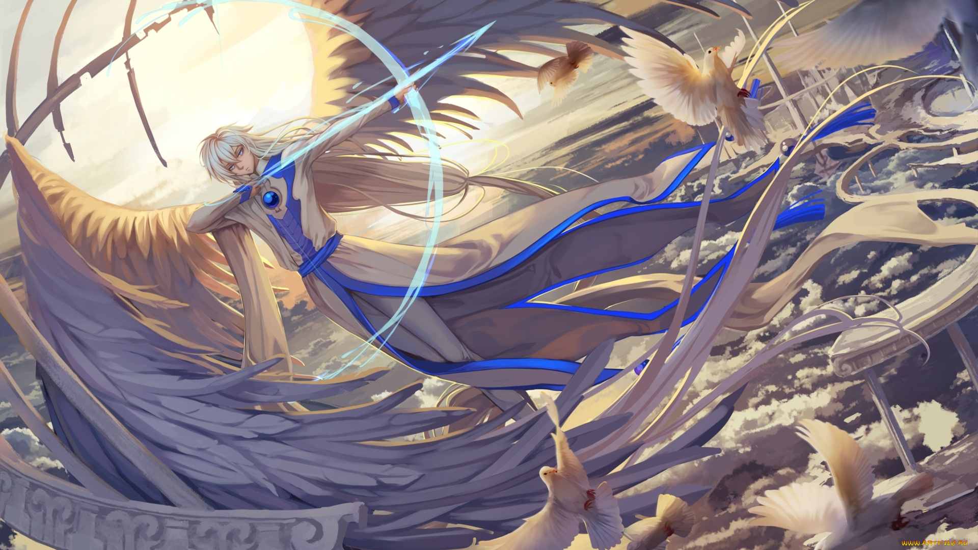 аниме, card, captor, sakura, стрелы, лук, оружие, парень, qinshou, арт, yue, card, captor, sakura, ana, bi, облака, небо, птицы