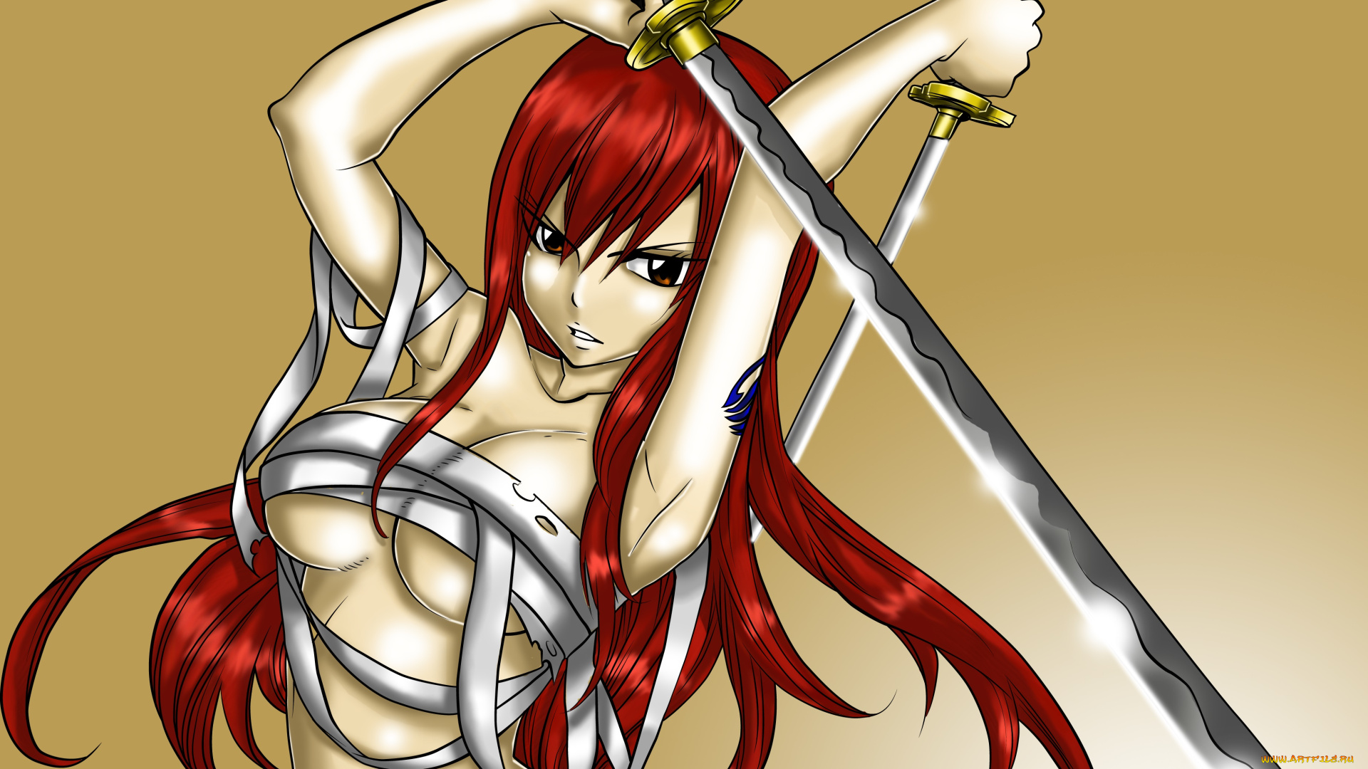 аниме, fairy, tail, оружие, фон, взгляд, девушка, erza, scarlet