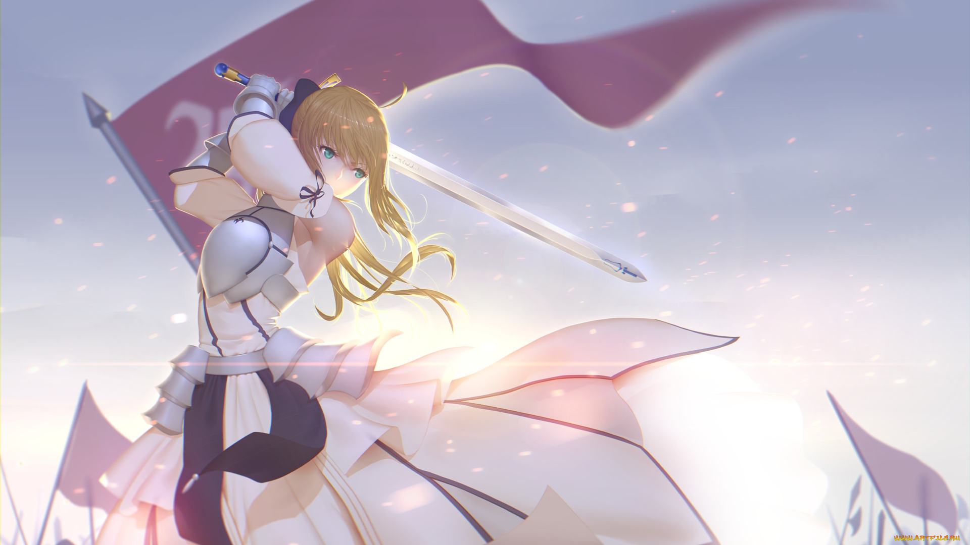 аниме, fate, stay, night, stay, night, сейбер, девушка, флаг, maredoro, арт, saber, меч