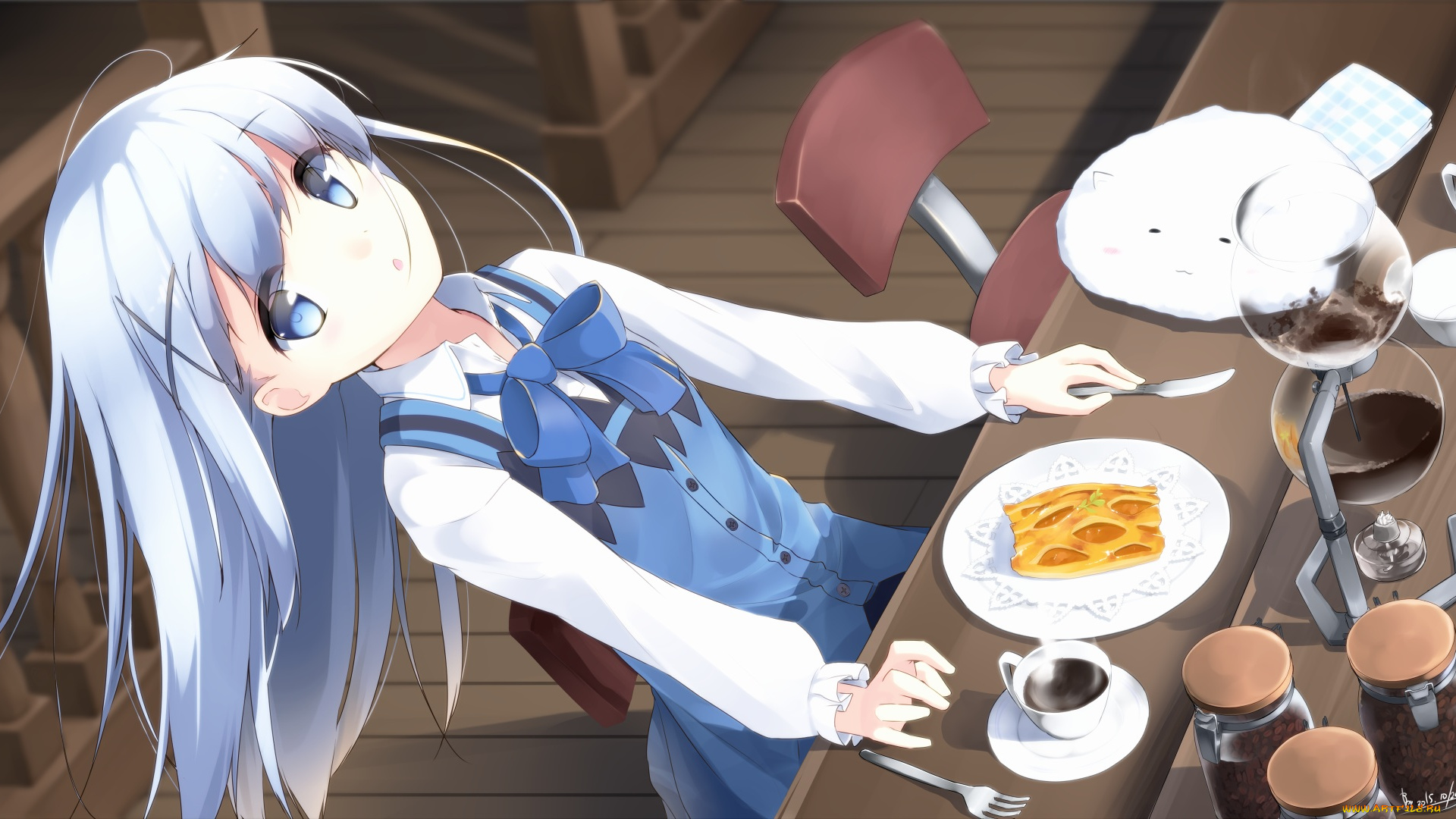 аниме, gochuumon, wa, usagi, desu, ka, tippy, стол, kafuu, chino, арт, makadamixa, gochuumon, wa, usagi, desu, ka, пирог