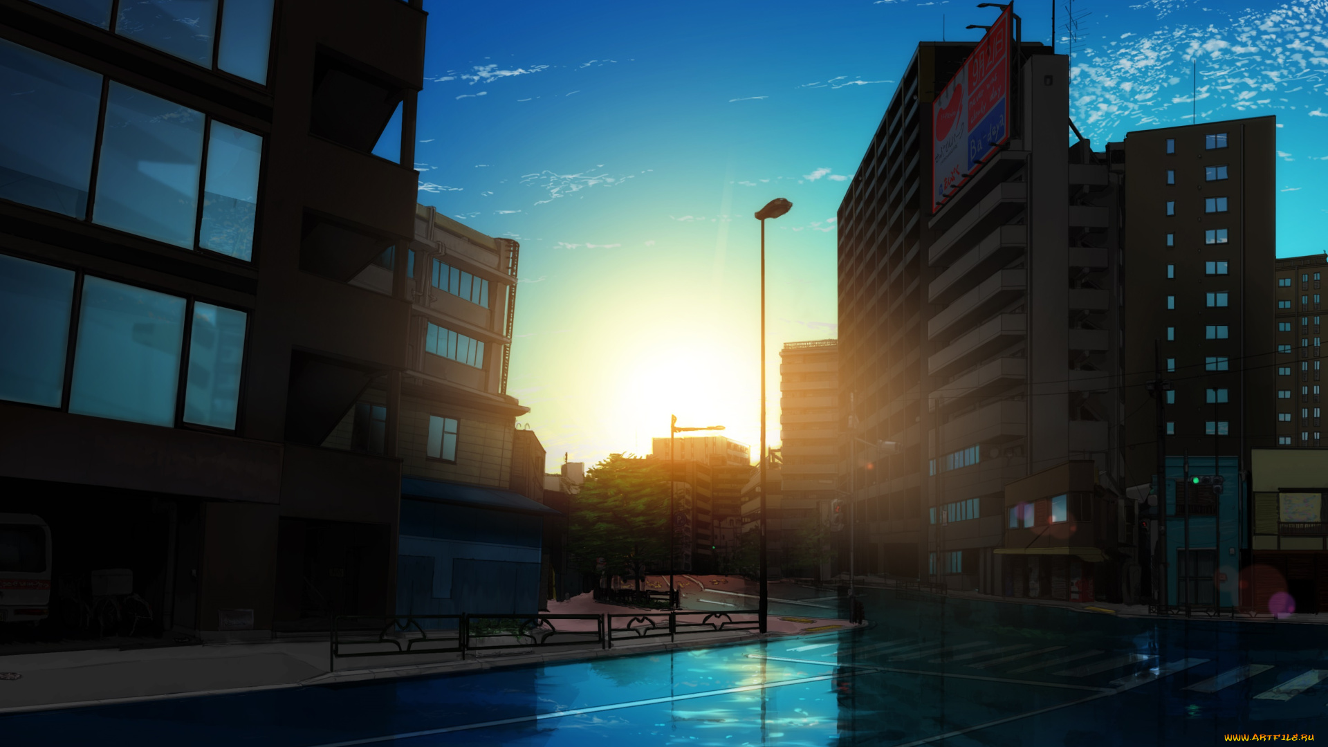 аниме, город, , улицы, , здания, улица, свет, облака, небо, восход, здания, sahara386, утро, арт