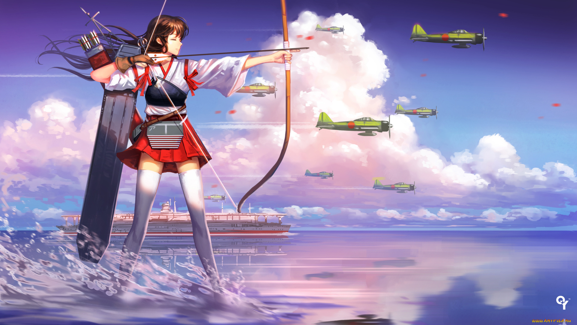аниме, kantai, collection, лук, самолеты, фон, взгляд, девушка