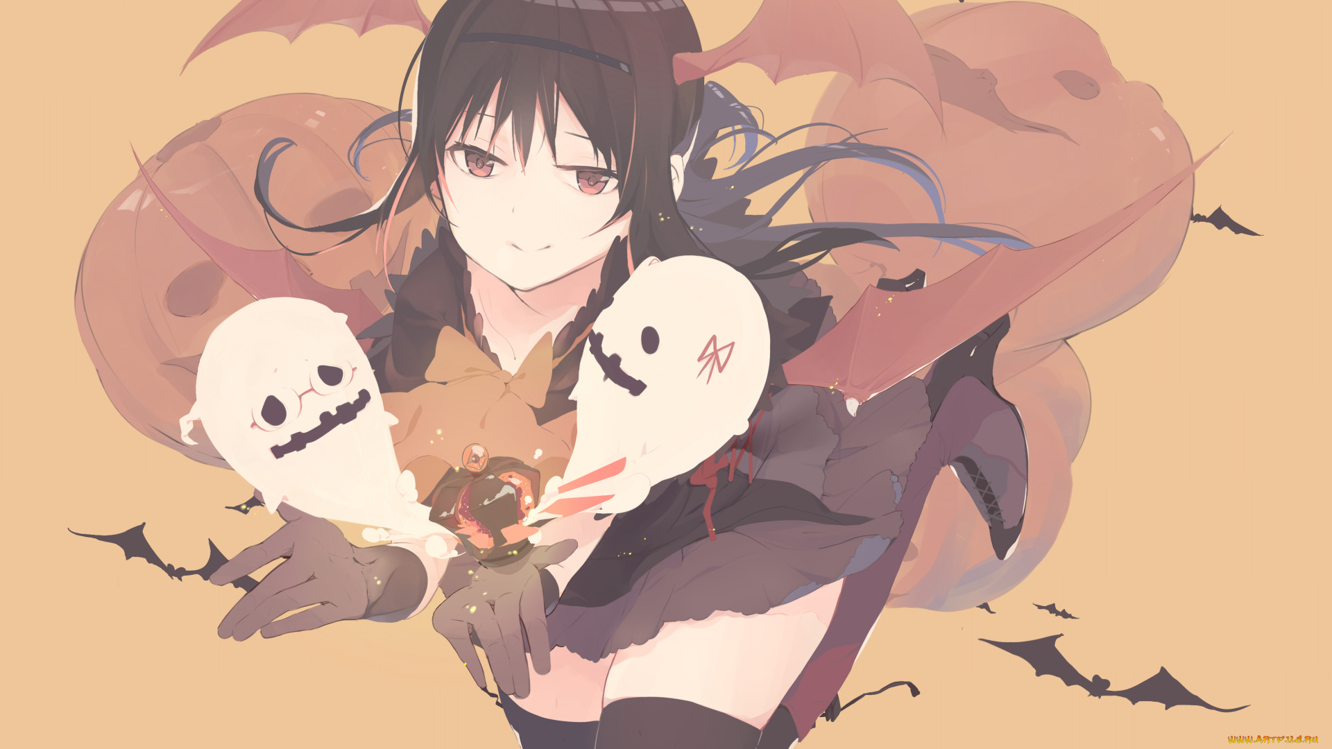 аниме, mahou, shoujo, madoka, magika, крылья, девушка, арт, kokoro6636, призраки, akemi, homura, mahou, shoujo, madoka, magica, movie, тыква, фон