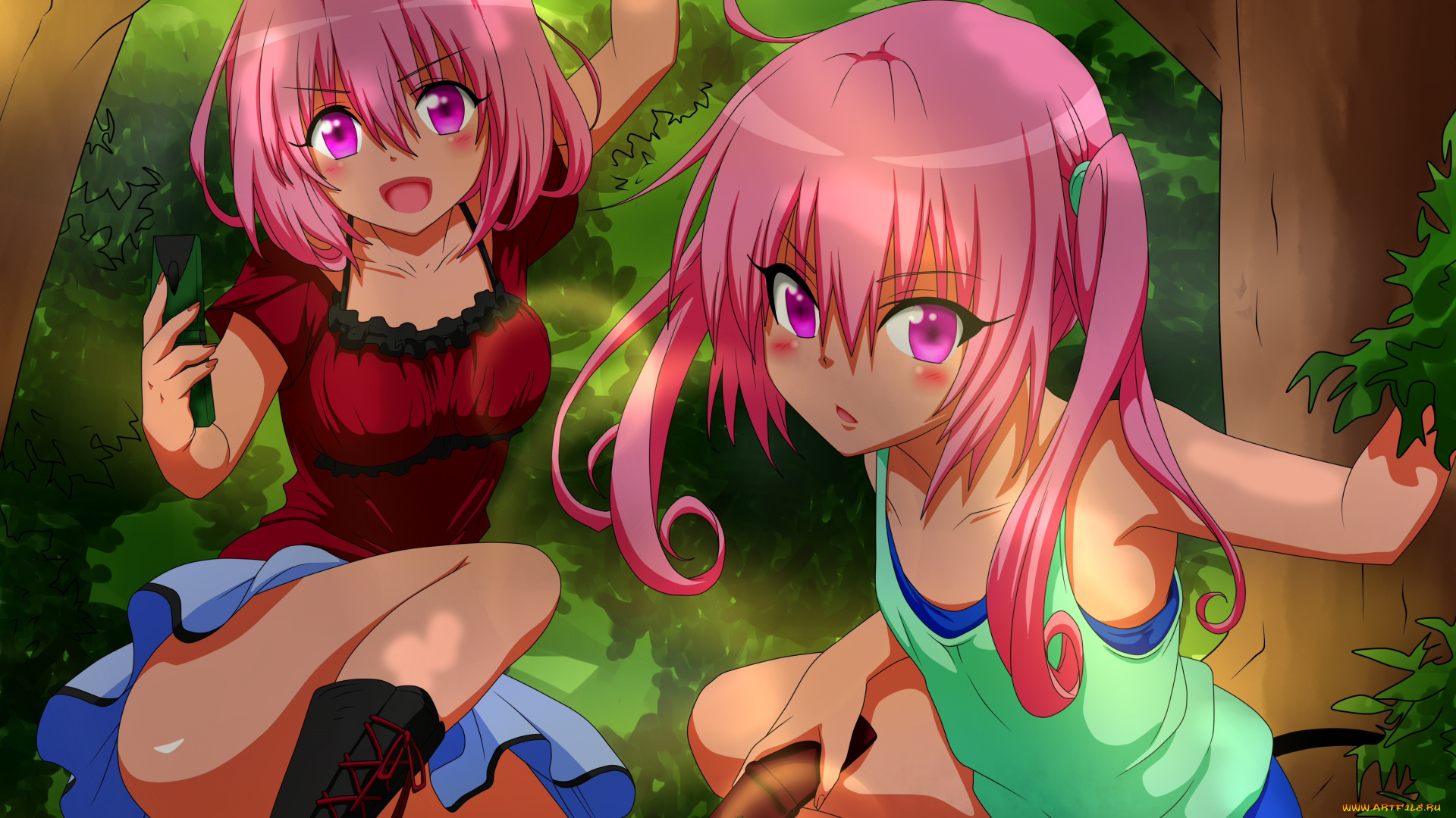 аниме, to, love, ru, nana, asta, deviluke, momo, velia, девушки, лес, взгляд, фон