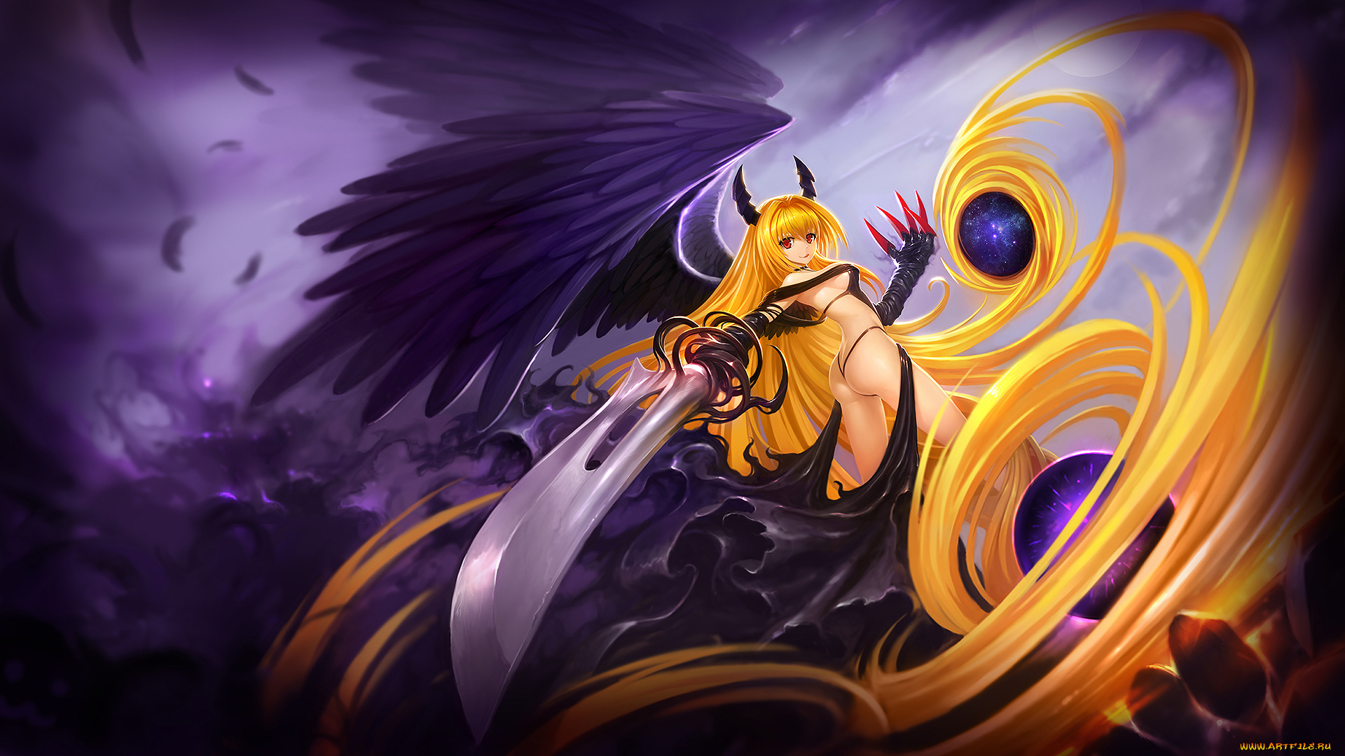 аниме, to, love, ru, светлые, волосы, красные, глаза, оружие, крылья, konjiki, no, yami, взгляд, девушка, длинные, фон