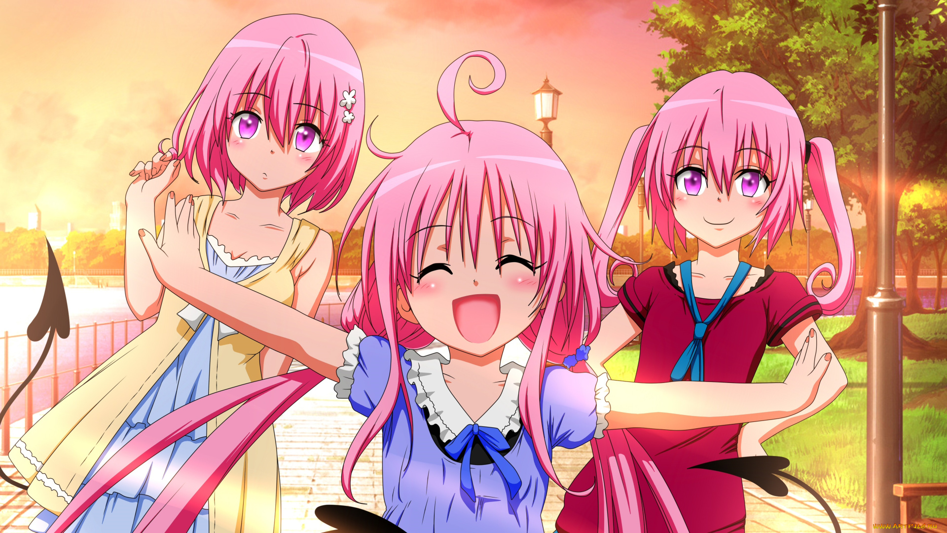 аниме, to, love, ru, взгляд, девушки, lala, satalin, deviluke, nana, asta, momo, velia, фон, улыбка