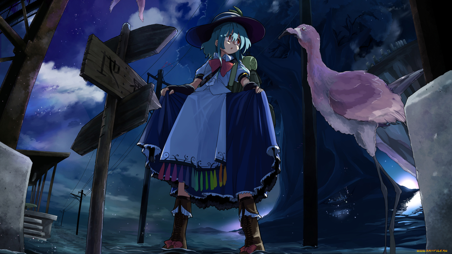 аниме, touhou, арт, waira, птицы, девочка, hinanawi, tenshi