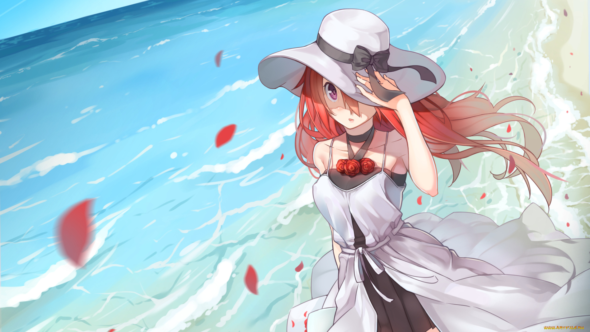 аниме, unknown, , другое, zz-zz199595, лето, море, шляпа, розы, девушка, арт