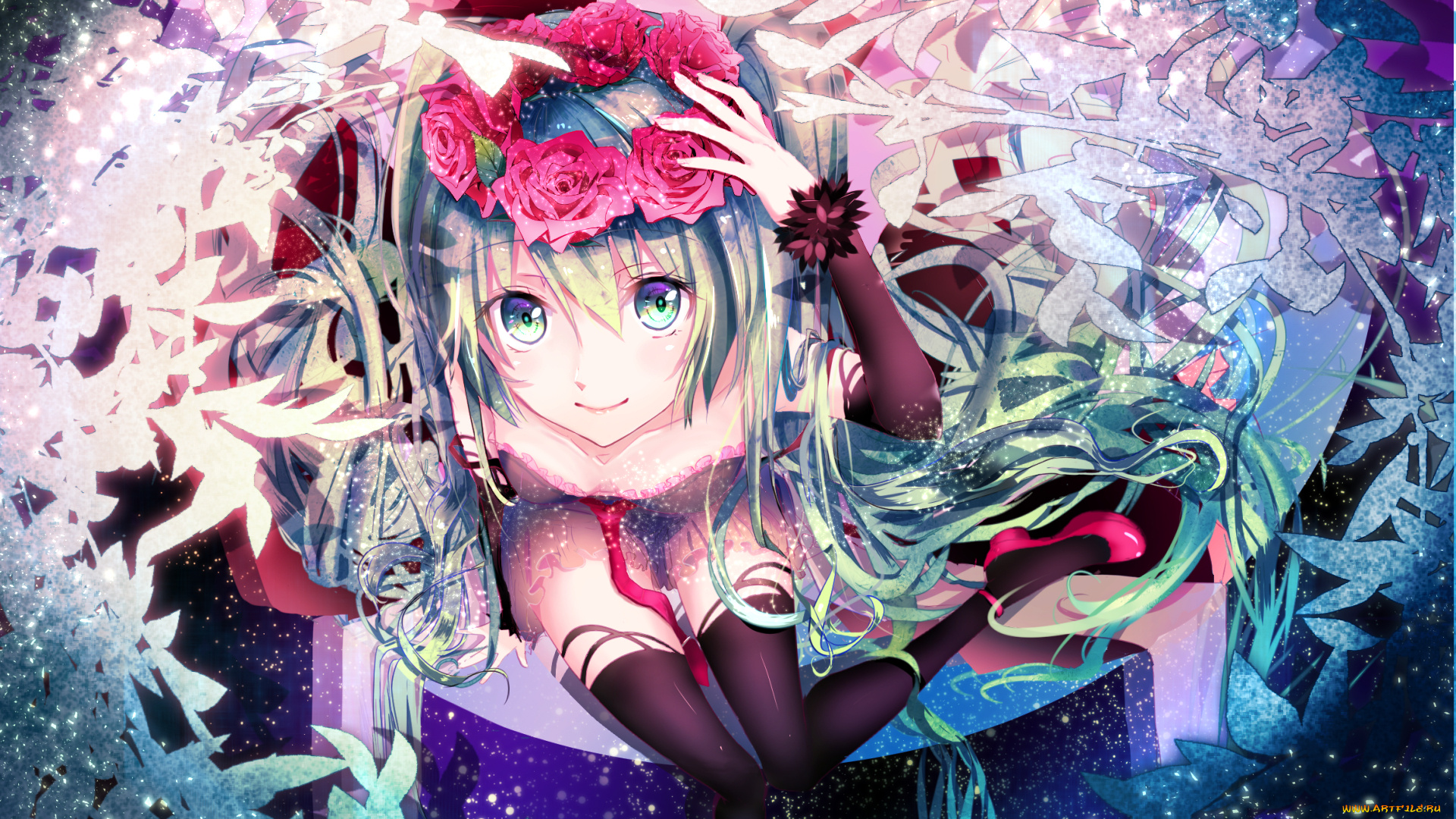 аниме, vocaloid, девочка, венок, розы, взгляд, арт, nekomaaro, hatsune, miku