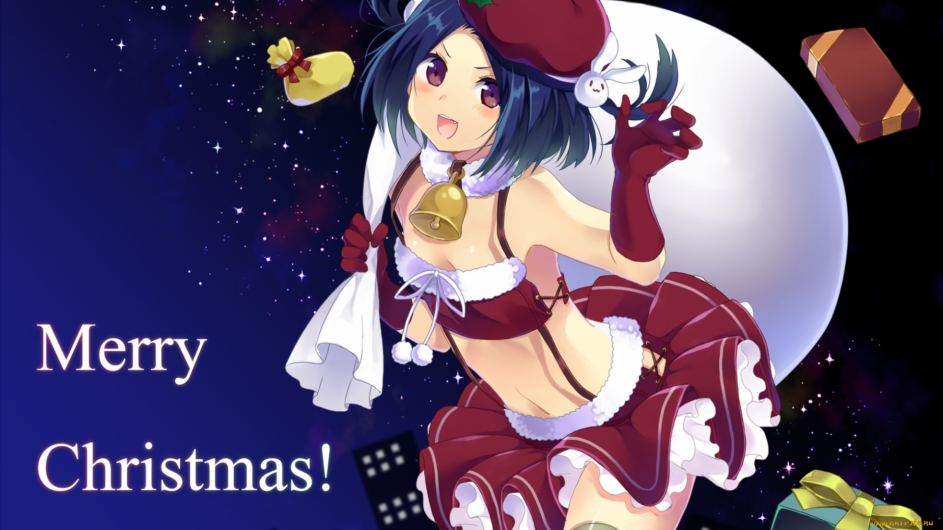 аниме, зима, , новый, год, , рождество, шляпа, колокольчик, огни, город, ночь, костюм, подарки, мешок, фон, взгляд, девушка