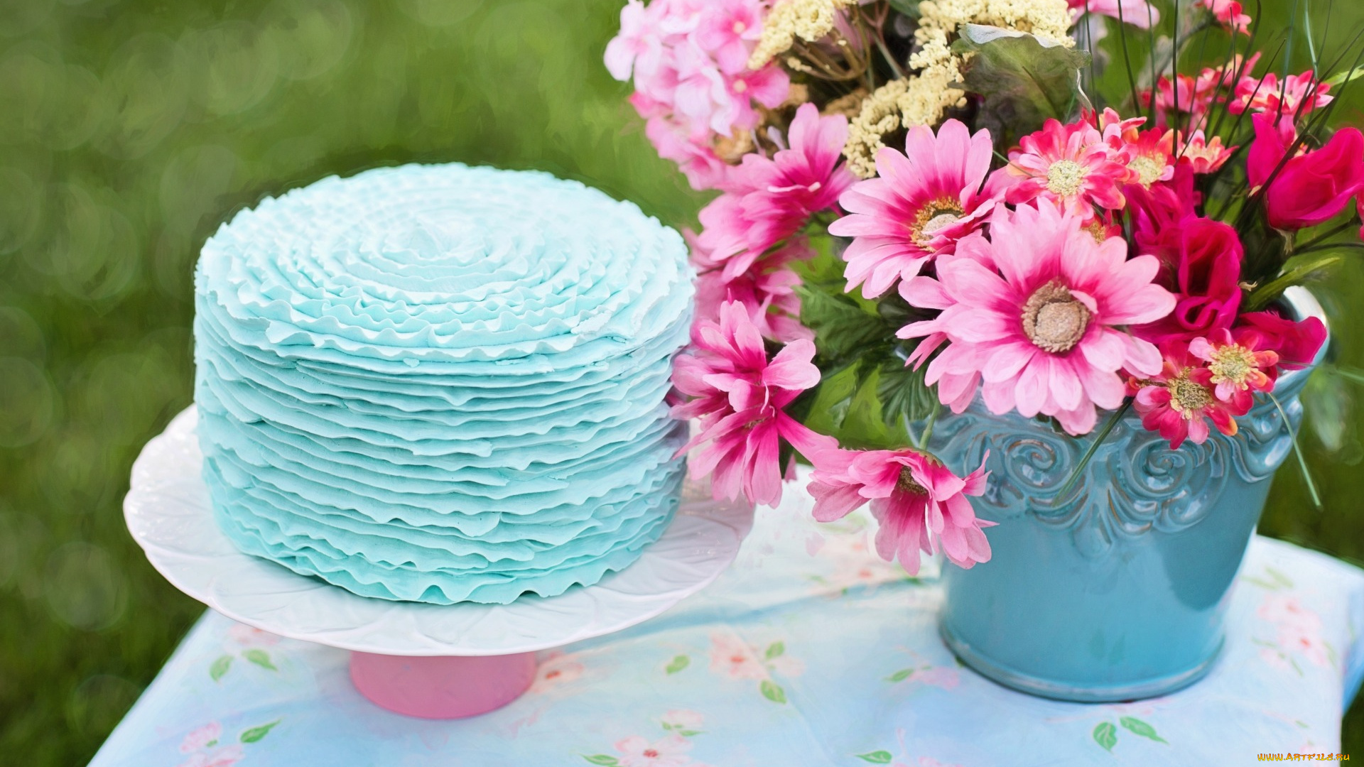еда, торты, цветы, ведро, торт, стол