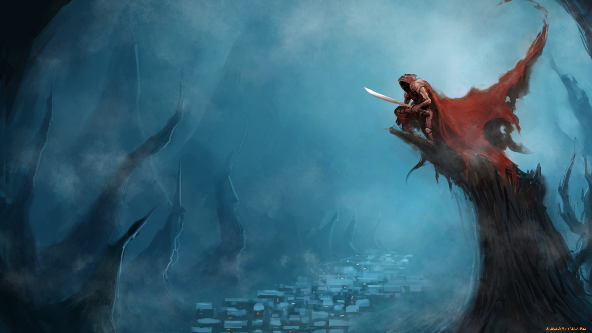 фэнтези, нежить, огни, деревня, ночь, арт, плащ, меч, человек, скалы