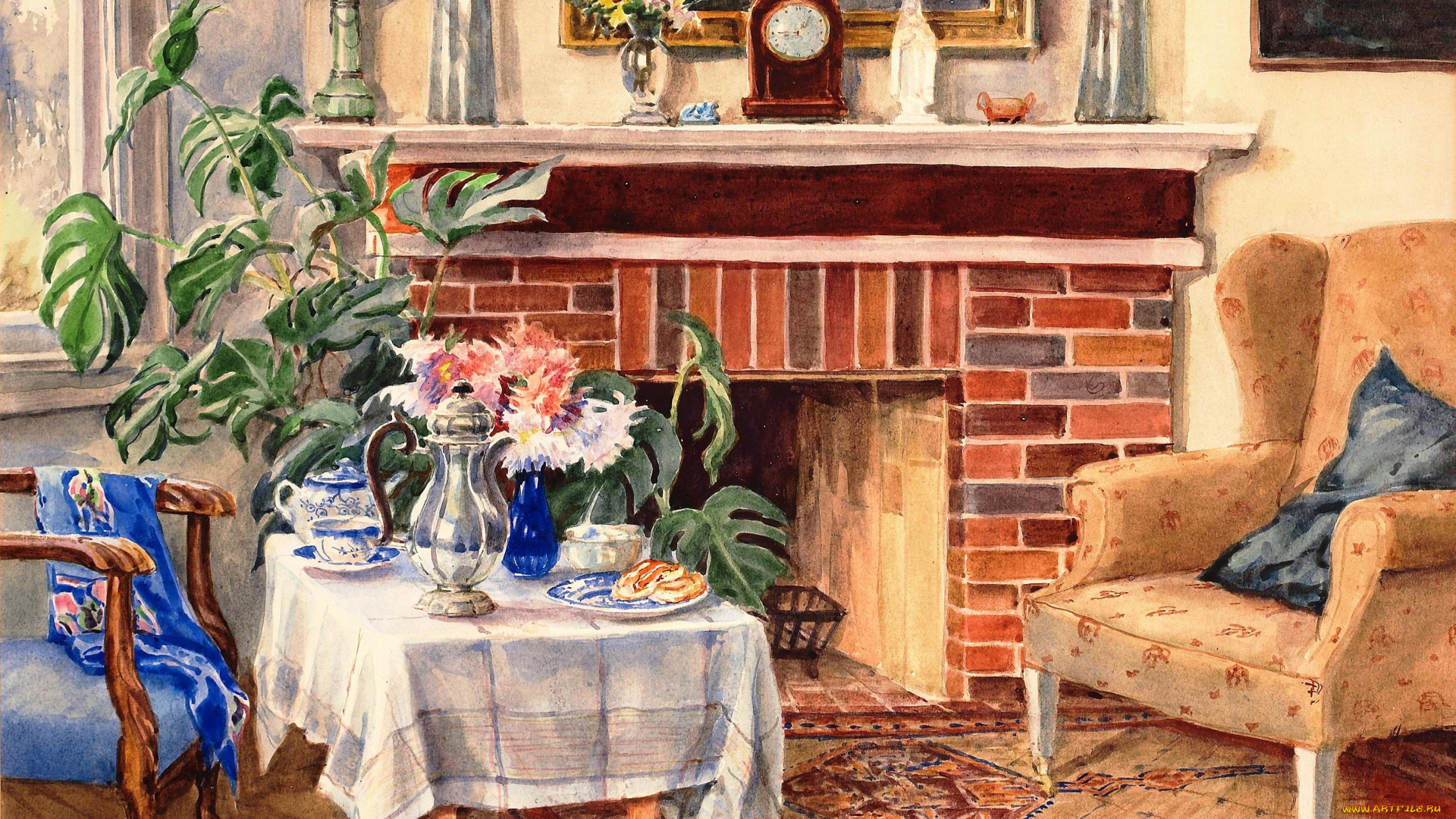 рисованное, живопись, картины, цветы, стол, камин, кресла, комната, кувшин, часы, посуда