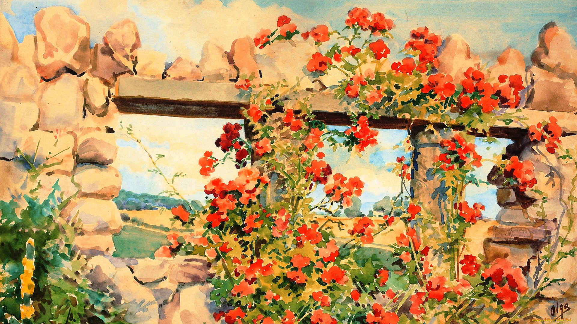 рисованное, живопись, развалины, сад, стена, цветы, небо