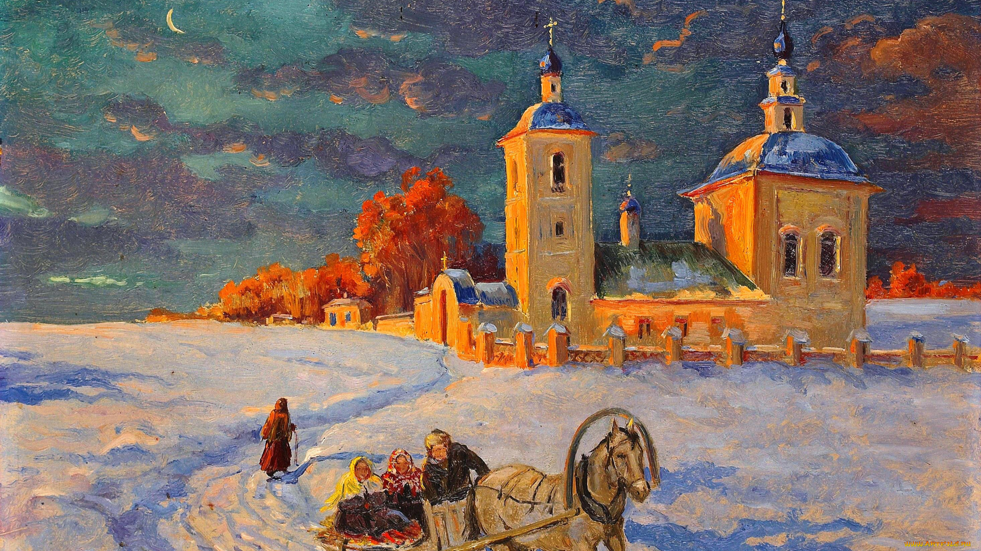 зимние, гуляния, рисованное, живопись, снег, месяц, тучи, небо, люди, повозка, церковь, зима