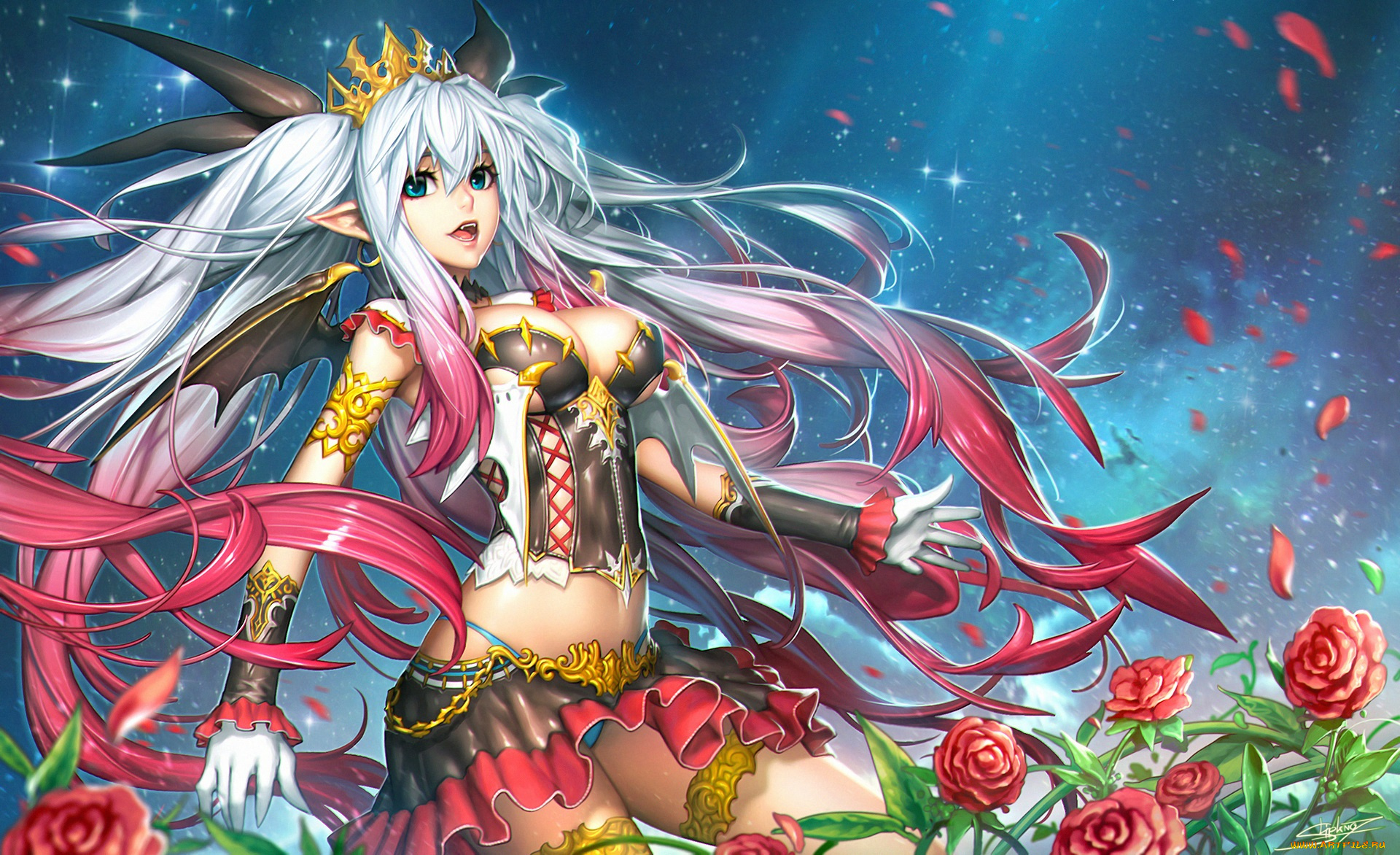 аниме, ангелы, , демоны, роза, rose, by, neoartcore, корона, crown, vampire, вампир, принцесса, девушка, princess, лепестки, petal, girl, fantasy, фэнтези, рисунок, арт