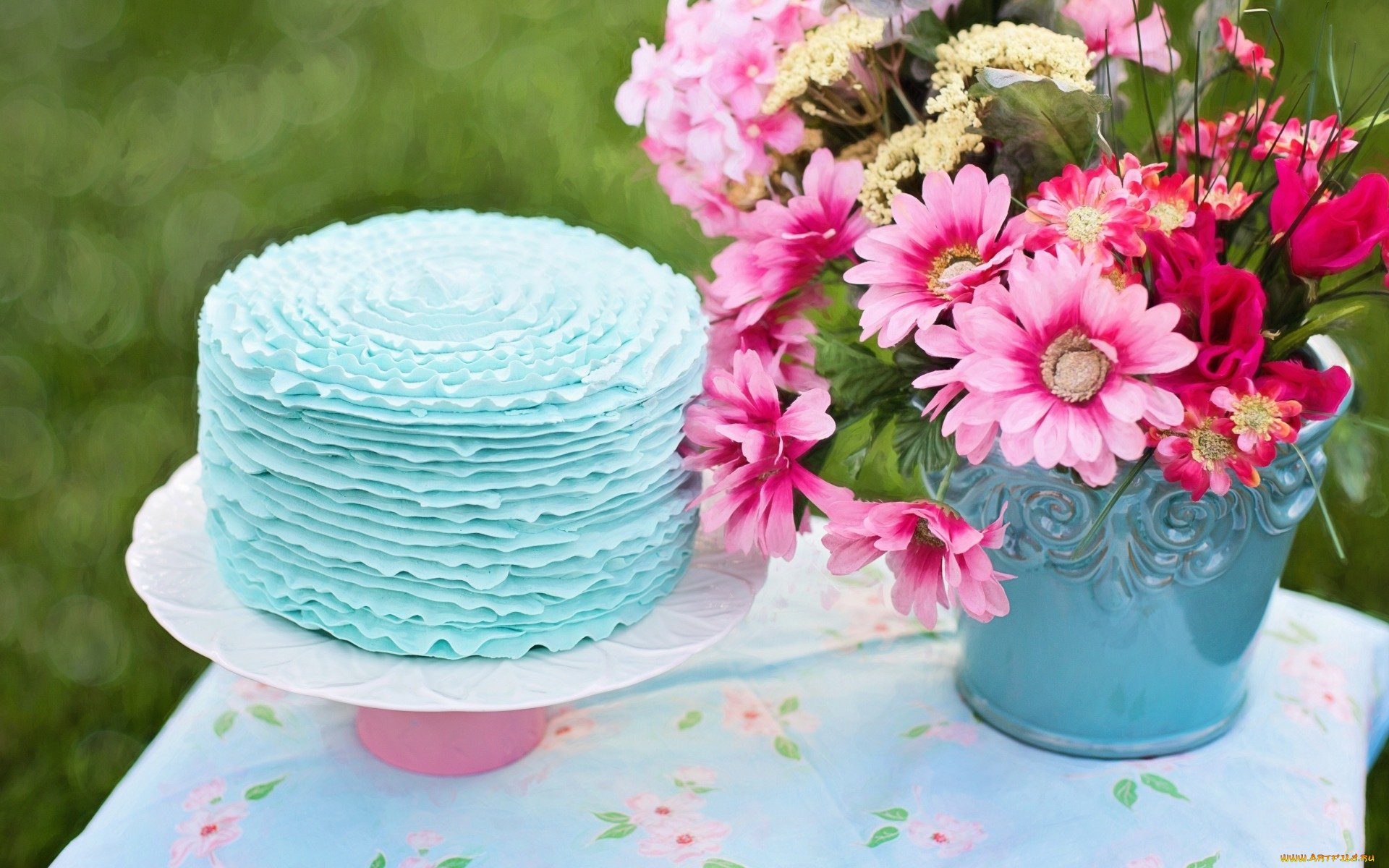 еда, торты, цветы, ведро, торт, стол